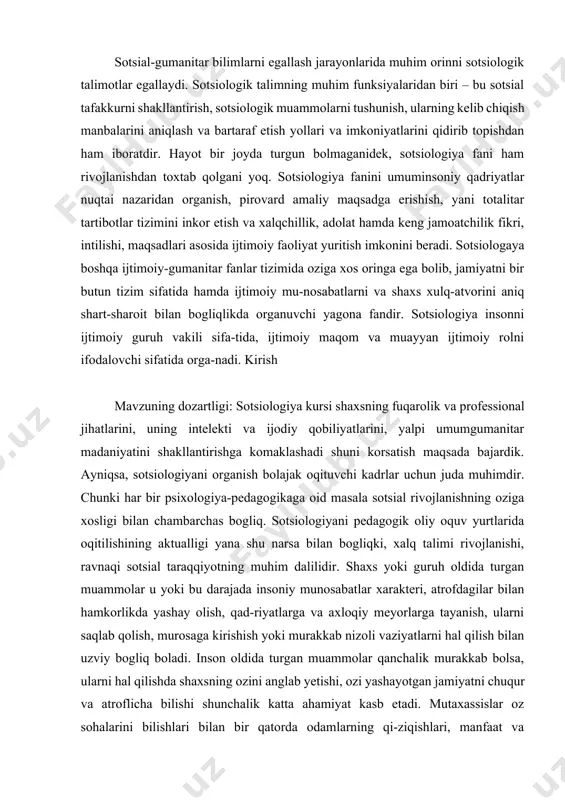 i sotsial taraqqiyotning muhim dalilidir. shaxs yoki guruh oldida turgan muammolar u yoki bu darajada insoniy munosabatlar xarakteri, atrofdagilar bilan hamkorlikda yashay olish, qad-riyatlarga va axloqiy meyorlarga tayanish, ularni saqlab qolish, murosaga kirishish yoki murakkab nizoli vaziyatlarni hal qilish bilan uzviy bogliq boladi. inson oldida turgan muammolar qanchalik murakkab bolsa, ularni hal qilishda shaxsning ozini anglab yetishi, ozi yashayotgan jamiyatni chuqur va atroflicha bilishi shunchalik katta ahamiyat kasb etadi. mutaxassislar oz sohalarini bilishlari bilan bir qatorda odamlarning qi-ziqishlari, manfaat va intilishlarini, ijtimoiy munosabatlar bilan yaqindan tanish bolishi kerak. chunki ular asosida ijtimoiy guruhlar, jamiyat va umuman, butun dunyo hamjamiyati shakllanadi. sotsiologiyani bilish mu-rakkab ijtimoiy tizimlarni, ijtimoiy institutlarni tahlil qilishga tajriba va bilim bilan qurollanib, hayotni organishga yordam beradi. sotsiologik ta-fakkur orqali esa ijtimoiy hayotni ilmiy baholash va obyektiv axborot olish mumkin. 1. sharq mutafakkirlarining sotsiologik qarashlari sharq mutafakkirlarining sotsiologik qarashlari osha davr allomalari ijtimoiy hayotning turli sohalarini ilmiy asosda tadqiq …