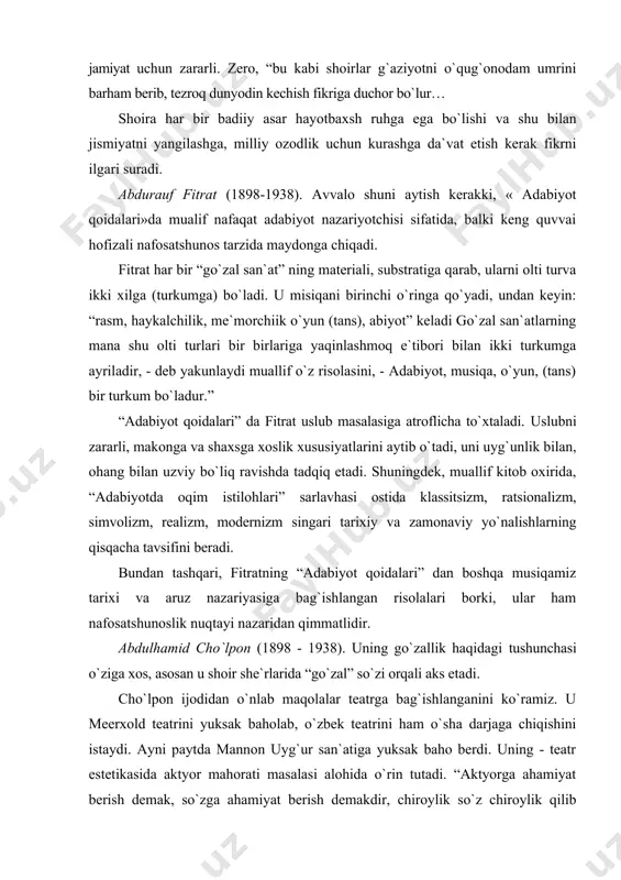 nchasi o`ziga xos, asosan u shoir she`rlarida “go`zal” so`zi orqali aks etadi. cho`lpon ijodidan o`nlab maqolalar teatrga bag`ishlanganini ko`ramiz. u meerxold teatrini yuksak baholab, o`zbek teatrini ham o`sha darjaga chiqishini istaydi. ayni paytda mannon uyg`ur san`atiga yuksak baho berdi. uning - teatr estetikasida aktyor mahorati masalasi alohida o`rin tutadi. “aktyorga ahamiyat berish demak, so`zga ahamiyat berish demakdir, chiroylik so`z chiroylik qilib gapirilsa, tomoshaning ta`siri bo`lmay iloji yo`q… go`zal va ustalarcha o`ynag`on aktiyor go`zal va ustalarcha gapirishni ham bilsin”, - deydi cho`lpon. xix asr oxiri va xx asr boshlarida rossiya mustamlakasi bo`lgan mazlum turkistonda ham uyg`onish ro`y berdi. nisbatan qisqa vaqtni o`z ichiga olgan bo`lsada, bu uyg`onish hayotning barcha sohalarida aks etdi. uning ibtidosida ilg`or rus tafakkuridan habardor ma`rifatchilar turar edi. bu ma`rifatchilarning bir qismi keyinchalik jadidlar deb atala boshladi. ularning asosiy maqsadi turkistonning milliy ozodligiga erishishi edi. erishishning yo`lini esa ular xalqni ma`rifatli, o`z insonlik huquqini talab va himoya qila …
