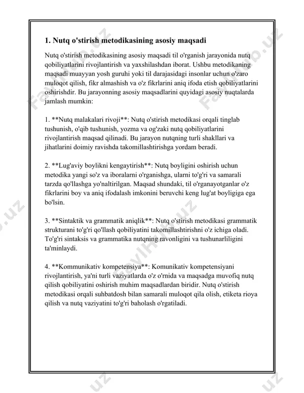 rganish jarayonida turli xil jihatlarni o‘z ichiga oladi. bu vazifalar quyidagilarni o'z ichiga olishi mumkin: 1. **kommunikatsiya ko‘nikmalarini rivojlantirish**: nutq o‘stirishning asosiy vazifasi shaxsning kommunikatsion imkoniyatlarini kengaytirishdir. buning uchun talabalar va o‘rganuvchilar bir necha turdagi mashqlar orqali o‘zining nutqini rivojlantirishi lozim. bu mashqlar orqali ular so‘z boyligini oshiradilar, grammatik tuzilmalarni mustahkamlaydilar va talaffuzini yaxshilaydilar. nutq rivojlantirish jarayonida turli simulyatsiyalar, intervyular va ro‘znomalar o‘quvchilar uchun samarali bo‘ladi. 2. **yozma va og‘zaki nutq madaniyatini oshirish**: nutq madaniyatini oshirish boshqa bir muhim vazifa hisoblanadi. bu qismda talaffuz, intonatsiya, so‘z tanlash va ifoda uslubi kabi elementlar katta rol o‘ynaydi. o‘quvchilar uchun og‘zaki va yozma nutqda o‘z fikrlarini aniq va to‘g‘ri tarzda ifoda etish qobiliyatini rivojlantirish muhimdir. shuningdek, ular turli uslublarda, rasmiy va norasmiy muhitlarda qanday muloqot o‘rnatishni o‘rganadilar. 3. **ko‘ngilochar va ta'limiy materiallar orqali til ko‘nikmalarini shakllantirish**: audiovizual vositalar, masalan, videolar, audiolar, teatr tomoshalari nutq o‘stirishning samarali usullaridan biridir. o‘quvchilar bu yo‘nalishda turli qiziqarli …