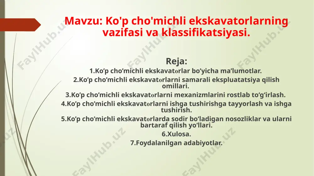 unumdorligi va ish paytidagi yurish tezligi; mashinani malakali mutaxasis tomonidan boshqarilishi va mashinani zo’riqtirmasdan ishlatilishi. bo’ylama qazadigan ekskavatorlarda , gruntni qazish yo’nalishi bilan ish jihozining ko’chishi bir yo’nalishda bo’ladi . bu ekskavatorlar asosan transheya (to’g’ri burchakli yoki trapetsiya shaklidagi transheyalar) qazishda ishlatilganligi uchun ularni transheya qazuvchi ekskavatorlar deb ataladi ko’ndalang qazadigan ekskavatorlarda , gruntni qazish yo’nalishi bilan ish jihozining ko’chishi o’zaro pyerpendikulyar bo’ladi. bu ekskavatorlar asosan qurilish matyeriallari (gil, shag’al, qum) mavjud bo’lgan karyerlarda ishlatilganligi uchun ularni karyer ekskavatorlar deb ataladi radial qazadigan ekskavatorlarda , gruntni qazishda ish jihozi vertikal o’q atrofida aylanishi bilan birga gorizontal o’q bo’ylab ko’chishi mumkin . ekskavatorlarning ish jihozi rotorli , xartumning uchiga maxkamlanadi . xartumdagi rotor, aylanish platformasi bilan birgalikda vertikal o’q atrofida aylanadi. ko’p cho’michli ekskavatorlarni samarali ekspluatatsiya qilish omillari mashinalardan samarali foydalanib ishlatishning asosiy omillariga quyidagilar kiradi: mashinaga o’z vaqtida texnik qarov va xizmat ko’rsatilishi; mashinaning ish unumdorligi va ish paytidagi yurish …