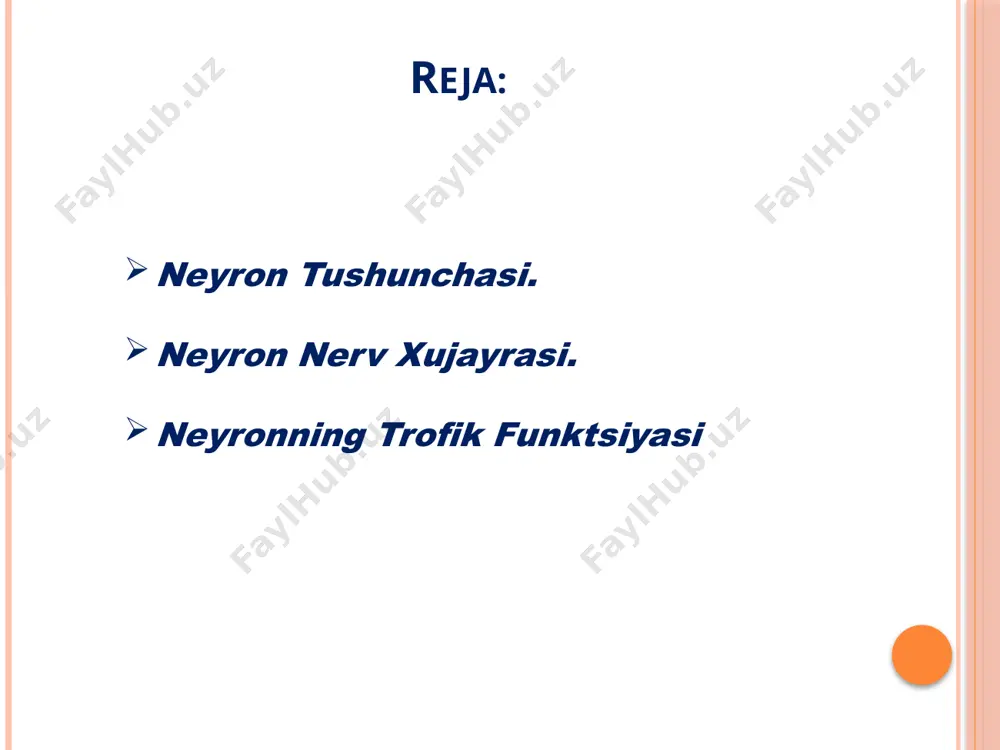 in. eng qalindan eng yupqasiga qadar fibrillyar elementlarning uchta turi tan olinadi: mikrotubulalar, neyrofilamentlar va mikrofilamentlar. neyronlardan farqli o'laroq, glial hujayralar o'z-o'zidan elektr xabarlarini olib yurmaydi. glial hujayralarning ikki turi mavjud: makrogliya va mikrogliyalar. makrogliya - bu kamida uchta turdagi hujayralarga berilgan nom: astrositlar, oligodendrositlar va ependimal hujayralar. mikroglial hujayralar, birinchi navbatda, asab shikastlanishi yoki infektsiya sodir bo'lganidan keyin qoldiqlarni olib tashlash uchun tozalovchi hujayralardir. neyronning trofik funktsiyasi neyronning normal funktsiyalariga oqsil sintezi, aksonal tashish, ta'sir potentsialini yaratish va o'tkazish, sinaptik uzatish, mielinni shakllantirish va saqlash kiradi. neyronning ba'zi asosiy trofik funktsiyalari 19-asrda aksonlarni ajratish (aksotomiya) orqali tasvirlangan. ochilgan jarayonlar orasida eng muhimlaridan biri vallerian degeneratsiyasi edi - uni ta'riflagan ingliz fiziologi uollerdan keyin. xullosa neyron tarmoqlari juda ko’p muhim xususiyatlarga ega, ammo asosiysi bu o’rganish qobiliyatidir. neyron tarmog’ini o’rganish birinchi navbatda neyronlar orasidagi sinaptik aloqalarning «kuchini» o’zgartirishni o’z ichiga oladi. buni quyidagi misol yaqqol ko’rsatib turibdi. pavlovning klassik tajribasida …