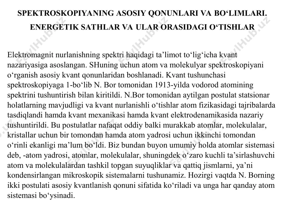 ishi ham deyiladi. 1. atom va molekulalar energitik sathlarining tashqi elektr maydonida ajralishi kuchli elektr maydonida elektron va aylanma sathlarning ajralishi evning mingdan o‘nminglab ulishicha, ya’ni 10 sm -1 gacha bo‘lishi mumkin. ko‘rish va ub sohada atomlarning energetik sathlarining elektr maydonida ajralishi shtark effekti kuzatiladi va shtark ajralishi ham deyiladi. bu elektrek rezonansning radiospktroskopik usuli bilan kuzatiladi. umuman turli tipdagi harakatlarning o‘zaro ta’siri tufayli sathlarning ajralishi kuzatilishi mumkin. sathlar ajralishi ular o‘rtasida utishlar bo‘lishiga olib keladi, bu esa bir biriga yaqin spektral chiziqlar paydo bo‘lishiga olib keladi va ularning xosil bo‘lish mexanizmini aniqlashning hamisha ham imkoni bo‘lavermaydi. /docprops/thumbnail.jpeg