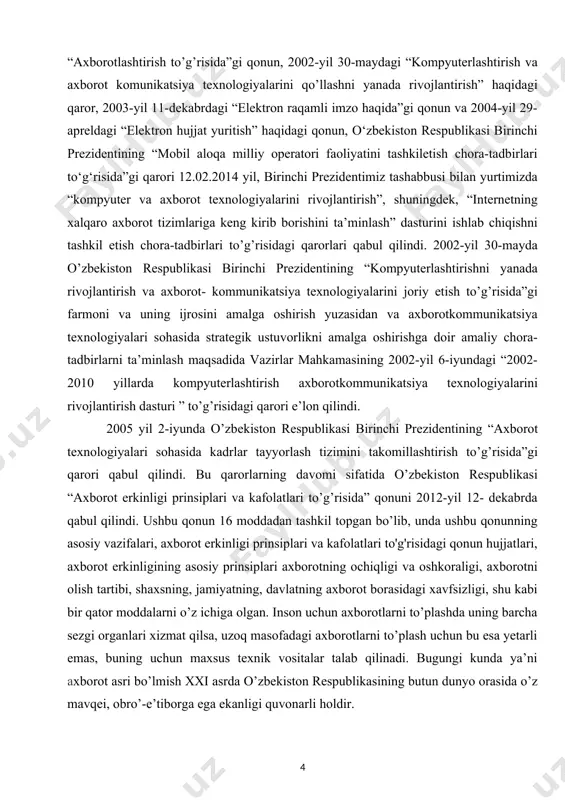 i. shuning uchun yangi axborot – kommunikatsion texnologiyalardan foydalanish maqsadga muvofiqdir. hozirgi zamon mutaxassislari, faoliyat doiralari qanday bo’lishidan qat’iy nazar informatika bo’yicha keng ko’lamdagi bilimlarga, zamonaviy hisoblash texnikasi, informatsion aloqa va kommunikatsiya tizimlari, orgtexnika vositalari va ulardan foydalanish borasida yetarli malakalarga ega bo’lishi, hamda yangi informatsion texnika va texnologiya asoslarini uning ertangi kuni, rivoji to’g’risidagi bilimlarni o’zida mujassamlashtirgan bo’lishi kerak. zamonaviy hisoblash texnikasi va informatsion texnologiyalarning kun sayin rivojlanib, jamiyatning esa tobora informatsiyalashib borishi sababli, uzluksiz ta’lim tizimining o’rta va yuqori bosqichlariga informatika, ishlab chiqarish va boshqarish jarayonlarini kompyuterlashtirish bo’yicha bir qator o’quv fanlari kiritilgan. oxirgi davrda axborotli muhitda katta o’zgarishlar bo’lib bormoqda. ana shu o’zgarishlar qog’ozsiz texnologiya zarurligini keltirib chiqardi. bu esa o’z navbatida ehm ning yanada keng rivojlanishiga sabab bo’ldi. kompyuterlashtirish texnik muammolarni o’z ichiga olsa, axborotlashtirish kompleks jarayon bo’lib, u jamiyat hayotining barcha jabhalarini qamrab oladi. kompyuterlar uning texnik asosinigina tashkil etadi xolos. respublikamizda viloyatlar, shaharlar, tumanlarga …