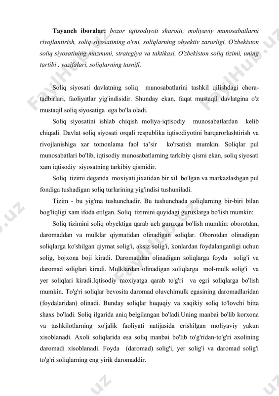 ing daromadlaridan (foydalaridan) olinadi. bunday soliqlar huquqiy va xaqikiy soliq to'lovchi bitta shaxs bo'ladi. soliq ilgarida aniq belgilangan bo'ladi.uning manbai bo'lib korxona va tashkilotlarning xo'jalik faoliyati natijasida erishilgan moliyaviy yakun xisoblanadi. axoli soliqlarida esa soliq manbai bo'lib to'g'ridan-to'g'ri axolining daromadi xisoblanadi. foyda (daromad) solig'i, yer solig'i va daromad solig'i to'g'ri soliqlarning eng yirik daromaddir. egri soliqlar korxona va tashkilotlar faoliyatining moliyaviy yakuniga bog'liq bo'lmaydi. ular sotilayotgan tovarlar va xizmatlar oborotiga (baxosiga) ustama tarzda belgilanadi. ular so'zsiz tovar qiymati va xizmat summasini oshiradi va iste’mol ni kamytiriladi. bu soliqlarni ba’zan iste’mol soliqlari deb xam ataladi. bundan qaraganda ularni guyo maxsulot sotuvchi yoki xizmat ko’rsatuvchi to'laetgan bo'ladi. aslida esa ularning xaqiqiy to'lovchisi tovar va xizmatlarni iste’mol qiluvchilar bo'ladi. egri soliqlar guruxiga ko'shilgan qiymat solig'i, aksiz solig'i va bojxona bojlari kiradi. soliq solish tizimining bir qancha elementlari mavjud va bular quyidagilardan iboratdir: soliq subyekti, obyekti, manbasi, soliq stavkasi, soliq solish birligi, soliqlardan imtiyozlar …