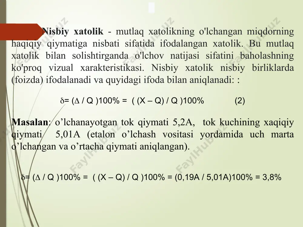 tokni ko'rsatdi, uning haqiqiy qiymati 5,23 a. mutlaq, nisbiy va keltirilgan xatoliklarni aniqlang. 5-masala. aniqlik sinfi 0,5 va yuqori o'lchov chegarasi 40 a bo'lgan ko'rsatkichli ampermetr elektr tokining qiymatini o'lchadi i =24 a. mutlaq, nisbiy va keltirilgan xatoliklarni toping. 1- masala. magnitelektrik tizimida shkala qadami____ -v va shkalasi __ ... ____ v bo’lgan voltmetrini kalibrlashda namunaviy voltmetrning ko'rsatkichlari olingan. keltirilgan nisbiy xatolikni aniqlang va voltmetrning aniqlik sinfini belgilang. 1-variant v= 1 v 5…..10 v u, v 5 7 8 9 10 uo’lch, v 5,5 7,5 8,5 9,5 10,5 2-variant v= 1 v 1…..5 v u, v 0 1 2 3 4 5 uo’lch, v 0,2 1,2 2,3 3,4 4,4 5,4 3-variant v= 5 v 0…..50 v u, v 0 5 10 15 20 25 uo’lch, v 0,2 5,1 10,5 14,5 19,9 20,3 u, v 30 35 40 45 50 uo’lch, v 30,2 34,9 40,5 44,9 50,1 4-variant v= 10v 0…..40 …
