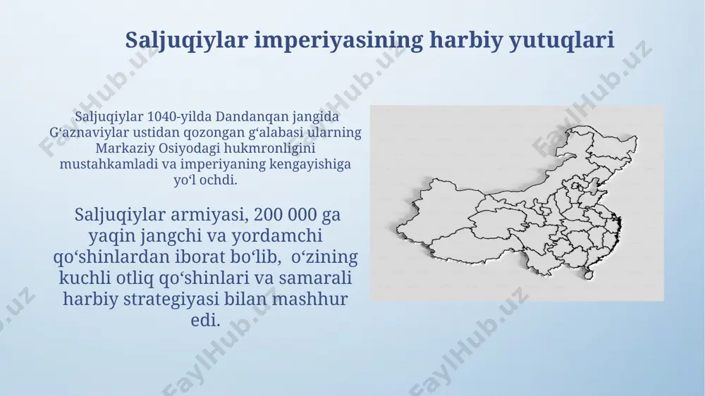 ing parchalanishi 1055 yildagi manzikert jangidan so'ng, saljuqiylar imperiyasi kengaygan bo'lsa-da, uning ma'muriy zaifligi va meros taqsimotidagi kelishmovchiliklar 12-asrda imperiyaning bir qancha mustaqil bekliklarga bo'linishiga olib keldi. suriyadagi, iroqdagi va forsdagi turli saljuqiy hukmdorlari o'rtasidagi doimiy kuch kurashi va ularning harbiy kuchlarining zaiflashuvi imperiyaning tezyuradigan parchalanishiga va yangi davlatlarning vujudga kelishiga sabab bo'ldi. saljuqiylar tarixiga kirish saljuqiylar imperiyasi 11-asrda o'rta osiyodan kelib chiqib, teз sur'atlarda kengayib, xorazm, fors, anadolu va suriya kabi hududlarni zabt etdi. saljuqiylar davrida, 12-asr boshlarida, turli viloyatlarda taxminan 20 ga yaqin mustaqil saljuqiy atabekliklari vujudga keldi. gʻaznaviylar va saljuqiylar davlatlarining taqqoslashi gʻaznaviylar armiyasi asosan turkiy va afgʻon jangchilardan tashkil topgan boʻlib, saljuqiylar armiyasi esa koʻpchilik turkman va oʻzbek jangchilardan iborat boʻlgan. gʻaznaviylar davlati sanoat va savdo jihatidan saljuqiylar davlatiga nisbatan zaifroq edi, chunki saljuqiylar buyuk ipak yoʻlining muhim qismini nazorat qilgan. e'tiboringiz uchun rahmat @taqdimot_robot image4.png image5.jpg image6.jpg image7.jpg image8.jpg image9.jpg image10.jpg image11.jpg image12.jpg image13.jpg image14.jpg …