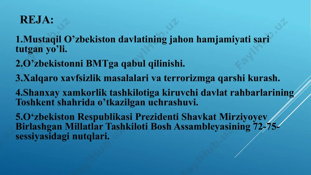 y manfaatlarining ustunligi; 2.xalqaro huquq normalarining davlat ichki huquq normalaridan ustunligi; 3.boshqa davlatlarning ichki ishlariga aralashmaslik; 4.terrorizm, narkobiznes va korrupsiyaga qarshi birgalikda kurashish; 5.bir davlatga yaqinlashish hisobiga boshqasidan uzoqlashmaslik; 6. tinchlik va mustaqillikka sodiqlik va h.k. unesco birlashgan millatlar tashkiloti xalqaro valyuta fondi; natoning “tinchlik yo‘lida hamkorlik” dasturi jahon banki va h.k. o‘zbekiston va bmt… 1992 yil o‘zbekiston bmtga a‘zo bo‘ldi (1993-yil fevralda toshkentda bmt vakolatxonasi ta'sis etilgan) o‘zbekiston tomonidan ilgari surilgan takliflar: markaziy osiyoda xavfsizlik, barqarorlik va hamkorlik masalalari bo'yicha bmtning toshkentda doimiy ishlovchi seminarini chaqirish afg'oniston doir masalalarni, narkobiznesga qarshi kurash­ni kuchaytirish orol muammosini hal etish va h.k. o’zbekistonning markaziy osiyo davlatlari bilan hamkorligi 1993-yilning iyul oyida qozog'iston va o'zbekiston o'rtasida 1994-2000-yillarda iqtisodiy integratsiyani chuqurlashtirish chora-tadbirlari to'g'risida bitim imzolandi. afg‘oniston bilan transport kommunikatsiyalari va boshqa sohalari bo‘yicha hamkorligi hamda ko‘magi markaziy osiyo davlatlari bilan turizm borasidagi hamkorlik 1994-yilning yanvarida yagona iqtisodiy hududni barpo qilish to'g'risidagi shartnoma im­zolandi. bu …