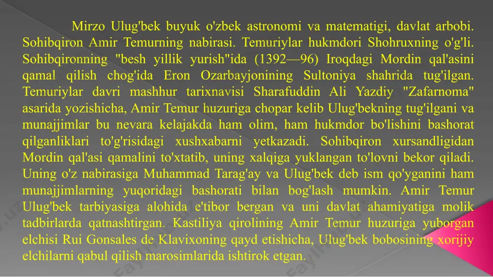ga uchraydi. oradan ko'p o'tmay, ulug'bek abdullatif buyrug'i bilan qatl etiladi. uning jasadi go'ri amir maqbarasiga dafn etilgan. mirzo ulug'bek otasi shohrux davrida siyosiy hukmdor sifatida ichki va tashqi siyosat bobida birmuncha mustaqil bo'lgan. boshqa davlatlar bilan bevosita savdo va elchilik munosabatlari olib borgan. mirzo ulug'bek davrida samarqand shahri yanada ravnaq topgan. shaharda hunarmandchilik, me'morlik, adabiyot, umuman ilm-fan yuksalgan, savdo taraqqiy etgan. buxoroda (1417), samarqandda (1420), g'ijduvonda (1432—33) madrasalar va marvda xayriya muassasaiari qurilgan. madrasalarda diniy fanlar bilan birga dunyoviy fanlar ham o'qitilgan, ko'proq aniq fanlarga ahamiyat berilgan. bibixonim masjidi, amir temur maqbarasi, shohizinda va registon majmualari qurilishlari poyoniga yetkazilgan. bundan tashqari, mamlakatda ko'plab jamoat inshootlari (karvonsaroy), tim, chorsu, hammom va boshqalar bunyod etilgan. mirzo ulug'bek o'rta osiyo xalqlari ilm-fani va madaniyatini o'rta asr sharoitida dunyo fanining eng yuqori pog'onasiga olib chiqdi. uning qilgan eng buyuk ishi samarqand ilmiy maktabini — o'sha davr akademiyasini barpo etganligi bo'ldi. bu ilmiy maktabda …