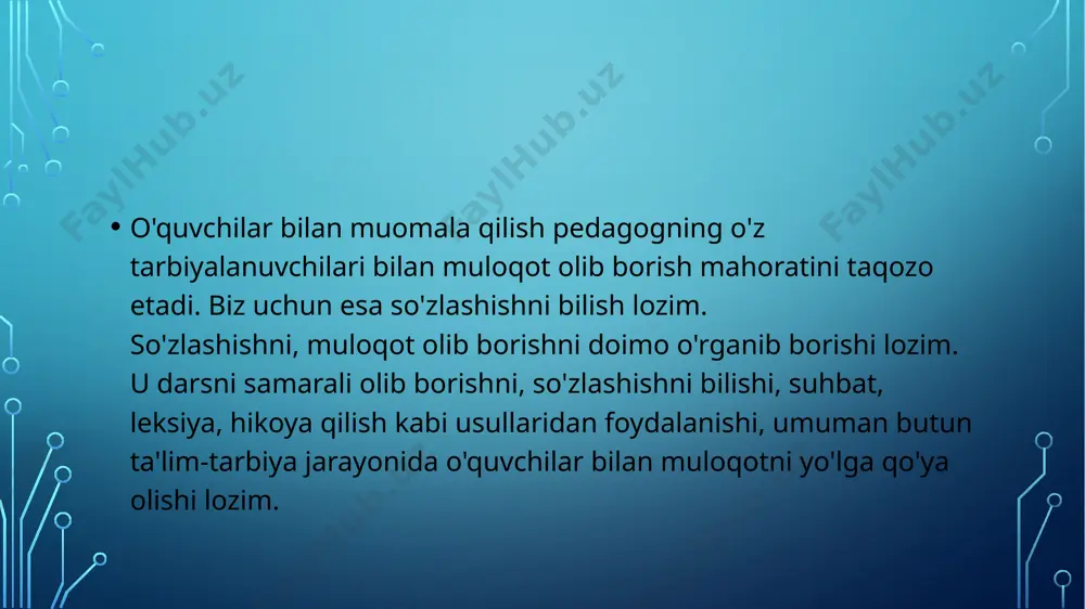 izolashishda o'z pozitsiyasini to'g'ri aniqlay olishi kerak.agar sinf jamoasi uning tarafida ishlayotgan bo'lsa, unda bu vaziyatdan eng yaxshi yo'lni topish osonroq bo'ladi. agar sinf intizomni buzuvchi o'quvchi bilan bir xil o'ylasa bu salbiy oqibatlarga olib keladi (masalan, nizolar surunkali hodisa bo'lishi mumkin). vaziyatdan yaxshi chiqish uchun o'qituvchi o'smirning ota-onasi bilan munosabat o'rnatishi kerak. ko'pincha o'qituvchining yuqori sinf o'quvchilari bilan aloqasi boshlang'ich sinf o'quvchilari bilan bir xil printsiplarga asoslanadi. bunday munosabatlar o'smirning yosh xususiyatlariga mos kelmaydi, birinchi navbatda, uning o'zi haqidagi g'oyasi — kattalarga nisbatan teng mavqega ega bo'lish istagi yotadi. mojaroni muvaffaqiyatli hal qilish uchun o'qituvchi yuqori sinf bolalari bilan munosabatlarning yangi turiga o'tishda o'quvchilarning ruhiy tayyorgarligini ta'minlash kerak. bunday munosabatlarni qurishning tashabbuskori kattalar bo'lishi kerak. ziddiyatlar sabablari hozirgi zamonda o'quvchilar turli manbaalar orqali mustaqil bilim olishlari va o'rganishlari mumkin. ota-onasi yoki repititor tomonidan oz bo'lsada bilimga ega bo'lishi mumkin. fanni o'qituvchichalik yaxshi bilmasada, bir qismini o'rganib olib ana shu …