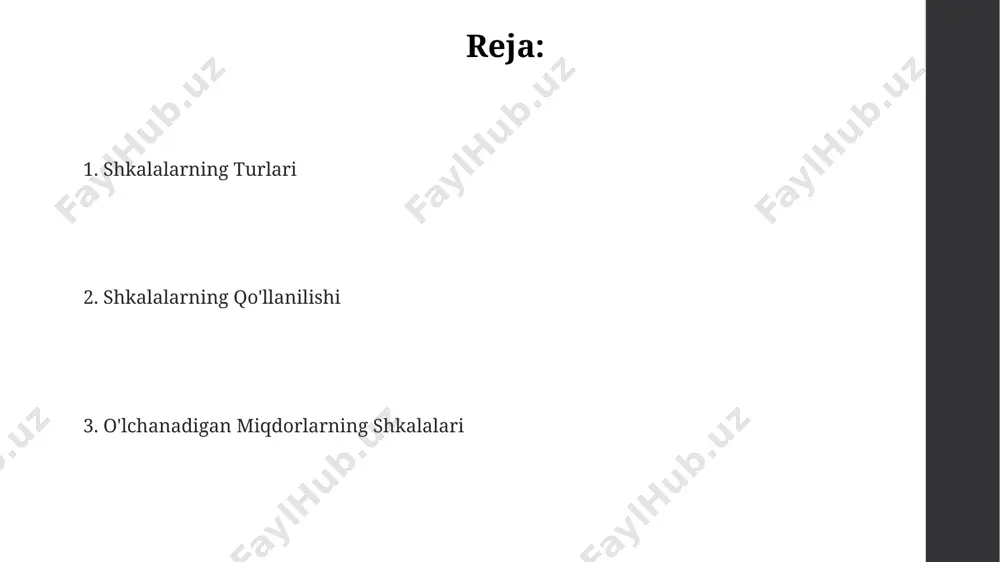 c nisbatini hisoblash mantiqsiz. ordinal shkala ordinal shkala ma'lumotlarni tartibli ketma-ketlikda, ya'ni 1-o'rin, 2-o'rin kabi, miqdoriy emas, balki sifat jihatidan taqqoslash imkonini beradi, masalan, talabalarning imtihondagi reytingi yoki mahsulotlarning sifat darajasi. ushbu shkala bo'yicha ma'lumotlar o'rtasidagi farqlar teng emas, masalan, 1-o'rin va 2-o'rin o'rtasidagi farq 3-o'rin va 4-o'rin o'rtasidagi farq bilan bir xil bo'lmasligi mumkin, bu 4 balldan iborat baholash tizimida yaqqol ko'rinadi. ordinal shkala statistik tahlil uchun cheklangan imkoniyatlar beradi, chunki u faqat tartibni aks ettiradi, ammo miqdorlar o'rtasidagi aniq farqlarni o'lchay olmaydi; shuning uchun median va moda kabi statistik ko'rsatkichlar qo'llaniladi, lekin o'rtacha qiymat hisoblanmaydi. nominal shkala nominal shkalada o'rtacha qiymati hisoblash mumkin emas, chunki ma'lumotlar son jihatdan taqqoslanmaydi; masalan, 1-guruhdagi talabalarning soni 2-guruhdagidan ko'p bo'lishi mumkin, lekin bu guruhlar son jihatdan taqqoslanmaydi. nominal shkala turli xil toifalarni, masalan, jinsi (erkak/ayol), rang (qizil/yashil/ko'k) yoki millat (o'zbek/rus/ingliz) kabi 3 yoki undan ortiq kategoriyalarni ifodalash uchun ishlatilishi mumkin; bu ma'lumotlar …