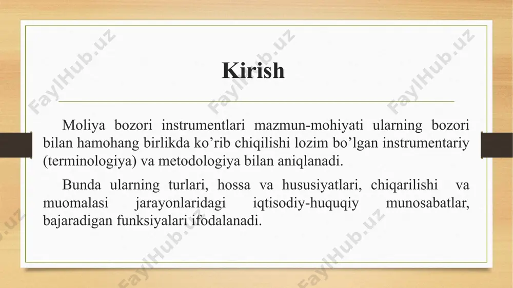 qarilishi maqsadi muomalaga chiqarilishi maqsadi – to’lov va pul aylanmasi (oboroti) uzluksizligini ta‘minlash, investitsiyalarni jalb qilish va ular bo’yicha daromad olish bo’yicha, mos ravishda: kredit-pul siyosatini amalga oshirishning qarz munosabatlarini mujassamlashtiruvchi moliyaviy instrumentlar (davlat va bank instrumentlari), qarz (davlat va korporativ maqsadda) va ulush (korporativ maqsadda) munosabatlarini ifodalovchi investitsion moliyaviy instrumentlar. bazisiga ko’ra: pul, valyuta, sug’urta, tovar (jumladan hom ashyo), ko’chmas mulk, indeks, foiz stavka (kelajakdagi daromad), qimmatli qog’oz bazisli moliyaviy instrumentlar. iqtisodiyotning u yoki bu subyektiga ko’ra: iqtisodiyotning u yoki bu subyektiga ko’ra: davlat boshqaruvi va hokimiyatlari, banklar-kredit muassasalari, sug’urta tashkilotlari, birjalar, nomoliya tashkilotlari (korporativ) instrumentlari. iqtisodiy-huquqiy hossalariga ko’ra ikki guruhga ajratish mumkin: bazaviy instrumentlarga ulush va qarz munosabatlarini o’zida mujassamlashtiruvchi emissiyalanuvchi (derivativlardan tashqari) va emissiyalanmaydigan qog’ozlar kiradi. bazislilariga esa derivativlar (hosilaviy qimmatli qog’ozlar) kiradi. e’tiboringiz uchun rahmat !!! image5.png image6.png image7.png image8.png image9.png image10.png image11.png image3.png image4.png /docprops/thumbnail.jpeg