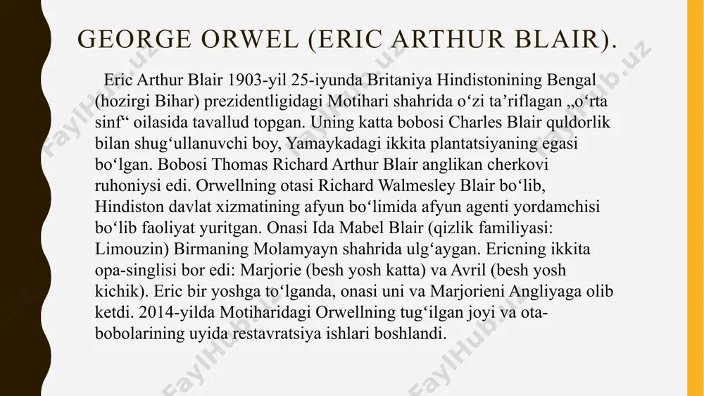 g‘ibotchisi. u hayvonlarni aldab, qonunlarni o‘zgartirishni oqlaydi. ramziy ma’no: sovet propagandasining ifodasi. 7. benjamin (eshak) xarakteri: kinoya qiluvchi, befarq, donishmand vazifasi: asardagi eng aqlli hayvonlardan biri, ammo hech narsaga aralashmaydi. ramziy ma’no: siyosiy befarq ziyolilar timsoli. asarning asosiy g‘oyasi va mazmuni ismoilova zahro asarning mazmuni: asarda hayvonlar o‘zlarini ezayotgan inson — janob jonsga qarshi isyon ko‘tarib, fermani egallashadi. ular adolatli jamiyat barpo etishga harakat qilishadi. ammo cho‘chqalar, ayniqsa napoleon, hokimiyatni egallab, odamlardan ham yomonroq zolimga aylanadi. asar yakunida hayvonlar cho‘chqalar bilan odamlarni ajrata olmay qoladi — bu esa idealist inqilob qanday zulmga aylanishini ko‘rsatadi. asosiy g‘oya: hokimiyat buzadi — mutlaq hokimiyat esa butunlay buzuqlikka olib keladi. asar quyidagi g‘oyalarni o‘z ichiga oladi: 1. totalitarizm tanqidi – orwell sovet ittifoqi va diktatorlik tuzumlarini qattiq tanqid qiladi. 2. inqilob va uning xiyonati – dastlabki ezgu maqsadlar vaqt o‘tishi bilan hokimiyatparastlar tomonidan yo‘q qilinadi. 3. tenglik va adolat buzilishi – “barcha hayvonlar teng, …
