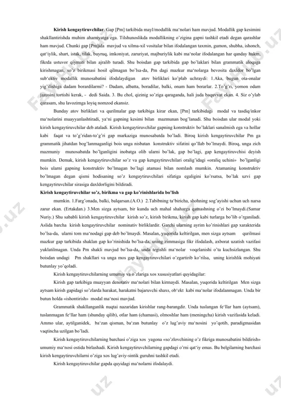 konstruktiv bo’lmagan bo’lagi atamasi bilan nomlash mumkin. atamaning konstruktiv bo’lmagan degan qismi hodisaning so’z kengaytiruvchilari sifatiga egaligini ko’rsatsa, bo’lak uzvi gap kengaytiruvchilar sirasiga daxldorligini bildiradi. kirish kengaytiruvchilar so’z, birikma va gap ko’rinishlarida bo’lish mumkin. 1.farg’onada, balki, balqarsan.(a.o.) 2.tabibning ta‘biricha, shohning sog’ayishi uchun uch narsa zarur ekan. (ertakdan.) 3.men sizga aytsam, bir kunda uch mahal shaharga qatnashning o’zi bo’lmaydi.(samar nuriy.) shu sababli kirish kengaytiruvchilar kirish so’z, kirish birikma, kirish gap kabi turlarga bo’lib o’rganiladi. aslida barcha kirish kengaytiruvchilar nominativ birliklardir. garchi ularning ayrim ko’rinishlari gap xarakterida bo’lsa-da, ularni tom ma‘nodagi gap deb bo’lmaydi. masalan, yuqorida keltirilgan, men sizga aytsam qurilmasi mazkur gap tarkibida shaklan gap ko’rinishida bo’lsa-da, uning zimmasiga fikr ifodalash, axborat uzatish vazifasi yuklatilmagan. unda pm shakli mavjud bo’lsa-da, unda tegishli ma‘nolar voqelanishi o’ta kuchsizlangan. shu boisdan undagi pm shakllari va unga mos gap kengaytiruvchilari o’zgartirib ko’rilsa, uning kirishlik mohiyati butunlay yo’qoladi. kirish kengaytiruvchilarning umumiy va o’zlariga xos xususiyatlari quyidagilar: …