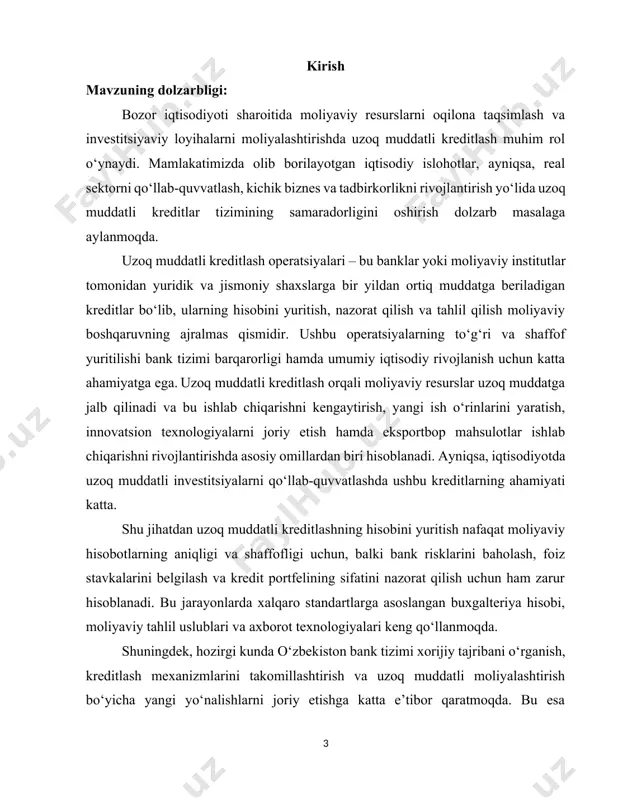 ov asosida shakllanadi. kredit iqtisodiyotda quyidagi asosiy funksiyalarni bajaradi: ta’minot funksiyasi – vaqtincha bo‘sh resurslarni faoliyat yuritayotgan subyektlarga taqsimlash; nazorat funksiyasi – qarz olayotgan subyektning faoliyati ustidan nazorat qilish imkonini beradi; pul muomalasini tezlashtirish funksiyasi – to‘lovlar va investitsiyalar aylanishini faollashtiradi. kreditlash faoliyati banklar yoki boshqa moliyaviy institutlar tomonidan kredit ajratish amaliyotidir. ushbu faoliyat turli shakllarda amalga oshiriladi: qisqa muddatli kreditlar – odatda 1 yildan kam muddatga ajratiladi, asosan aylanma mablag‘lar uchun; uzoq muddatli kreditlar – 1 yildan ortiq muddatga beriladi va odatda investitsiyaviy maqsadlarga yo‘naltiriladi; iste’mol krediti – jismoniy shaxslarning iste’mol ehtiyojlarini qoplash uchun ajratiladi; lizing – mol-mulkni uzoq muddatga ijaraga berish orqali amalga oshiriladigan moliyaviy operatsiya; ipoteka krediti – ko‘chmas mulk garovi asosida uy-joy yoki binolar sotib olish uchun ajratiladi. kreditlash quyidagi asosiy prinsiplarga asoslanadi: qaytarishlik – kredit muayyan muddatdan keyin to‘liq qaytarilishi lozim; muddatlilik – kredit ma’lum bir muddatga beriladi; to‘lovlilik – kredit foiz bilan qaytariladi; maqsadga …