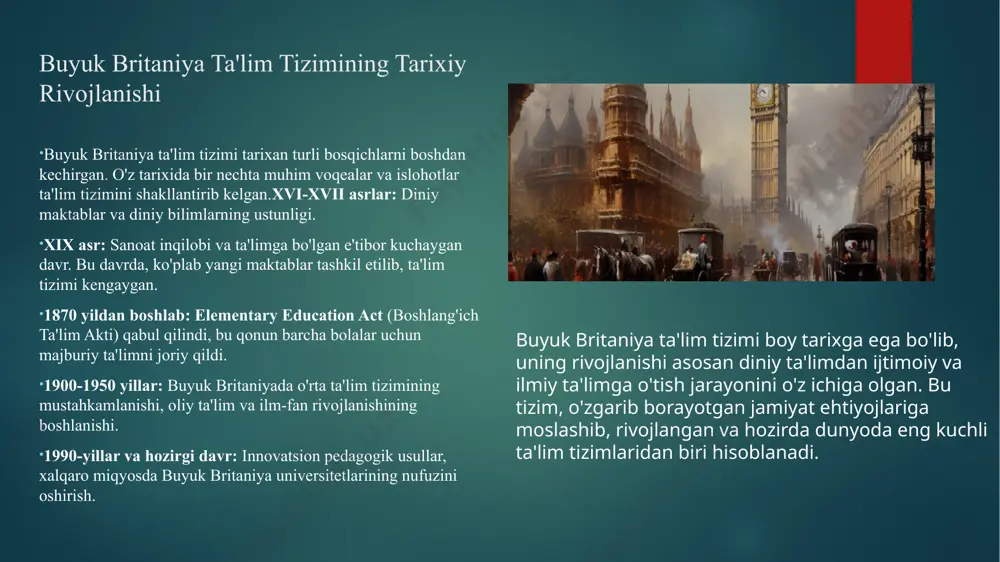 'nikmalarni rivojlantirishga yo'naltirilgan. reception (4-5 yosh): bolalar uchun tayyorgarlik sinfi bo'lib, bu davrda bolalarga o'qish, yozish va matematikaning asosiy tushunchalari o'rgatiladi. maqsadlar: bolalarga o'z-o'zini boshqarish, jamoada ishlash, tilni rivojlantirish. o'yin orqali o'qish va yozish kabi asosiy akademik ko'nikmalarni shakllantirish. ijtimoiy va emosional rivojlanish, mas'uliyatni o'rganish. maktabgacha ta'lim turlari: nursery schools: maxsus tashkil etilgan ta'lim muassasalari, bolalarga o'yin asosida bilim beriladi. preschool/reception classes: maktabgacha bo'lgan yil, 4-5 yoshdagi bolalar uchun. maktabgacha ta'limda o'yin asosida ta'lim metodi qo'llaniladi, bu esa bolalarning o'z-o'zini ifodalashiga yordam beradi. pedagoglar bolalarga asosiy bilimlarni o'rgatishdan tashqari, ijtimoiy ko'nikmalarni ham rivojlantirishadi. buyuk britaniyada boshlang'ich ta'lim 5 yoshdan 11 yoshgacha bo'lgan bolalarni qamrab oladi va bu bosqichda bolalar asosiy akademik bilimlarni o'zlashtiradilar. boshlang'ich ta'limning asosiy maqsadi – bolalarni jamiyatda faol qatnashishga tayyorlash, ularni asosiy fanlar bilan tanishtirish va akademik ko'nikmalarni rivojlantirishdir. yosh oralig'i: key stage 1: 5-7 yosh (1-2 sinf). key stage 2: 7-11 yosh (3-6 sinf). maqsadlar: key …