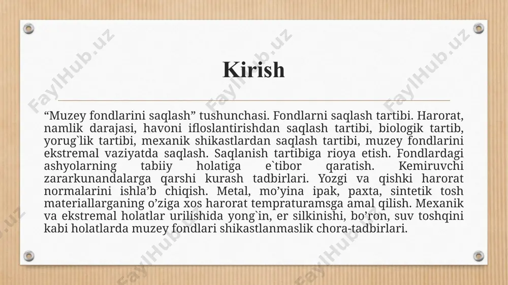 siyalarini muhofaza qilish ekstremal vaziyatlarda muzey kolleksiyalarini muhofaza qilish - bu muzey kolleksiyalarining shikastlanishiga yoki buzilishiga olib keladigan vaziyatlar yuzaga kelishining oldini oluvchi shart-sharoitlarni yaratish, ekstremal vaziyat yuzaga kelganda muzey kolleksiyalarini saqlash choralarini ishlab chiqishdir. yong'inga qarshi choralar muzey barcha yong'inga qarshi choralarga rioya qilishni ta'minlaydi : chodirning pollarini yong'inga qarshi kompozitsion bilan singdirish; uskunani joylashtirishda yong'in qoidalariga rioya qilish; yong'inga qarshi uskunalar bilan jihozlash; avtomatik yong'in o'chirish tizimlari bilan jihozlash; yong'in signalizatsiyasini o'rnatish. muzey tunu kun yong'in nazorati ostida bo'lishi kerak, elektr tarmog'ining sog'lig'ini, shuningdek, suv ta'minoti tarmog'i va isitish tizimining sog'lig'ini doimiy ravishda kuzatib borish kerak. o'g'irlikning oldini olishga qaratilgan xavfsizlik rejimi quyidagilarning mavjudligini nazarda tutadi: 1) maxsus xavfsizlik xizmati (politsiya va fuqarolik); 2) moddiy javobgar saqlash xizmatlari; 3) o'g'irlik signalizatsiyasi; 4) podval va 1-qavatning derazalaridagi panjaralar; 5) qimmatbaho mpni saqlash uchun shkaflar yoki maxsus xonalar. muzey fondlarini saqlashning ikkita tizimi mavjud: alohida va murakkab alohida saqlash tizim …