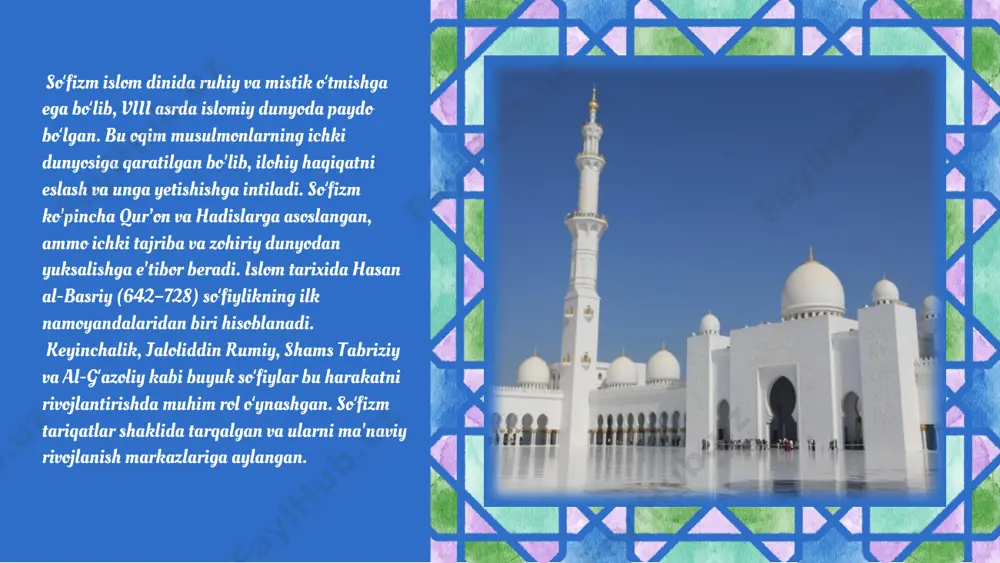 i va soʻfiylarning hayoti, ta'limi va ta'sirini o'z ichiga oladi. asar nafaqat diniy, balki ma'rifiy qadriyatlarni ham o'zida mujassam etadi. asardagi shaxslar ro'yxati va ularning ahamiyati: - bahouddin naqshband: naqshbandiya tariqatining asoschisi. - ahmad yassaviy: yassaviylik tariqatining asoschisi, ruhiy va ma'rifiy faoliyati bilan mashhur. photo by artur aldyrkhanov on unsplash - abdurahmon jomiy: o'z davrining mashhur shoir va mutafakkiri. ahmad yassaviy: yassaviylik tariqatining asoschisi bo'lib, u ruhiy tarbiya va insonning ichki dunyosini o'rganishga katta ahamiyat bergan. uning asarlari ko'plab avlodlarga ta'sir ko'rsatgan. abdurahmon jomiy: u o'z davrida adabiyot va falsafaga katta hissa qo'shgan. jami soʻfiylik va ma'rifatni birlashtirgan asarlarni yozgan. asar o'zida qanday qadriyatlarni mujassam etishi: tazkirat ul-avliyo asari insonning ruhiy o'sishi va axloqiy qadriyatlarni tarbiyalashga qaratilgan. shuningdek, unda soʻfiylarning o'zaro munosabatlari va diniy hayoti ko'rsatib berilgan, bu esa o'z navbatida, diniy sabr-toqat va mehr-oqibatni targ'ib qiladi. “tazkirat ul-avliyo"dagi shaxslarning o'ziga xos xususiyatlari tazkirat ul-avliyo asarida keltirilgan shaxslar o'zining noyob …