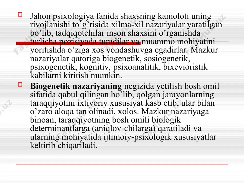 .krechmer shaxs tipologiyasi negizida bir qancha biologik omillarni (masalan tana tuzilishining tipi va boshqalarni) kiritib, insonning jismoniy tipi bilan psixologik xususiyati o’rtasida uzviy bog’liqlik mavjud deb taxmin qiladi. e.krechmer odamlarni ikkita katta guruhga ajratadi va uning bir boshida sikloid toifasiga xos (tez qo’zg’aluvchi, his-tuyg’usi o’ta barqaror), ikkinchi uchida shizoid toifasiga (odamovi, munosabatga qiyin kirishuvchi, his-tuyg’usi cheklangan) xos odamlar turishini aytadi. bu taxminni u shaxs rivojlanishi davriga ko’chirishga harakat qiladi, natijada o’smirlarda sikloid xususiyatlari (o’ta qo’zg’aluvchanlik, tajovuzkorlik, affektiv tabiatlilik, ilk o’spirinlarda esa shizoidlik xususiyatlari) bo’ladi degan xulosa chiqaradi. psixologiya tarixida biologizmning eng yaqqol ko’rinishi zigmund freydni shaxsning barcha xatti-harakatlari (xulqi) ongsiz biologik mayllar yoki instinktlar bilan shartlangan, ayniqsa, birinchi navbatda u jinsiy maylga (libidoga) bog’liqdir. biologik nazariyaga qarama-qarshi bo’lgan nazariya sosiogenetik nazariya hisoblanadi. sosiogenetik yondashuvga binoan shaxsda ro’y beradigan o’zgarishlar jamiyatning tuzilishi ijtimoiylashish usullari va uni qurshab turgan odamlar bilan o’zaro munosabati vositalaridan kelib chiqqan holda tushuntiriladi. ijtimoiylashuv nazariyasiga ko’ra inson …