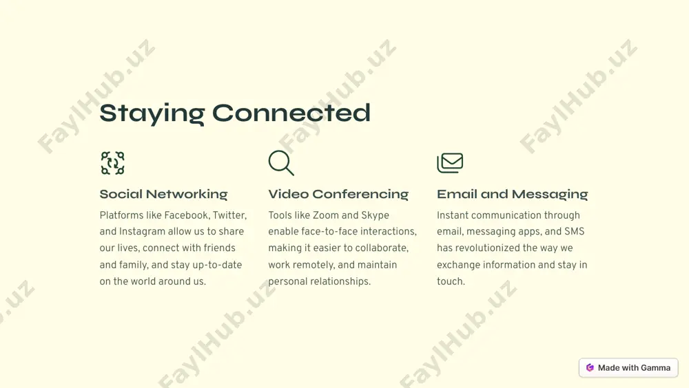 duling appointments to managing finances, saving time and increasing efficiency. global reach the internet has expanded our access to global markets, enabling businesses to reach customers worldwide and connect with international partners. https://gamma.app accessing entertainment 1 streaming services platforms like netflix, hulu, and disney+ allow us to access a vast library of movies, tv shows, and documentaries on demand. 2 online gaming from multiplayer online games to interactive virtual worlds, the internet has opened up new realms of entertainment and social interaction. 3 social media platforms like tiktok, instagram, and youtube provide endless content for entertainment, creativity, and self-expression. https://gamma.app convenience and efficiency 1 online shopping the convenience of e-commerce platforms has transformed the way we purchase goods, from everyday essentials to unique, hard-to-find items. 2 digital banking online banking and mobile payment apps have made it easier to manage our finances, pay bills, and transfer funds securely. 3 information …