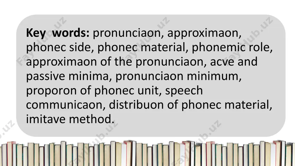 pronunciation material el phonetic minimum is selected in concordance with the vocabulary and grammar minima. language material is usually consists of active and passive minima. active and passive pronunciation minima are learned simultaneously. they are included in the complex language skills and appear in speaking and perception. admits approximation, works in the range of limited phonetic material active minimum passive minimum approximation is not found in passive. in passive it is possible to meet variants of foreign language phonemes pronunciation minimum includes sounds, sound combinations, stress, main types of intonation. it is known that pronunciation units that are easy to learn are not taught in separate exercises, because they are not included into the content of teaching pronunciation. thus minimum doesn’t consider language experience, and the content of teaching pronunciation includes only difficult for assimilation phonetic phenomena that require special time and efforts. there is a classification that takes into …