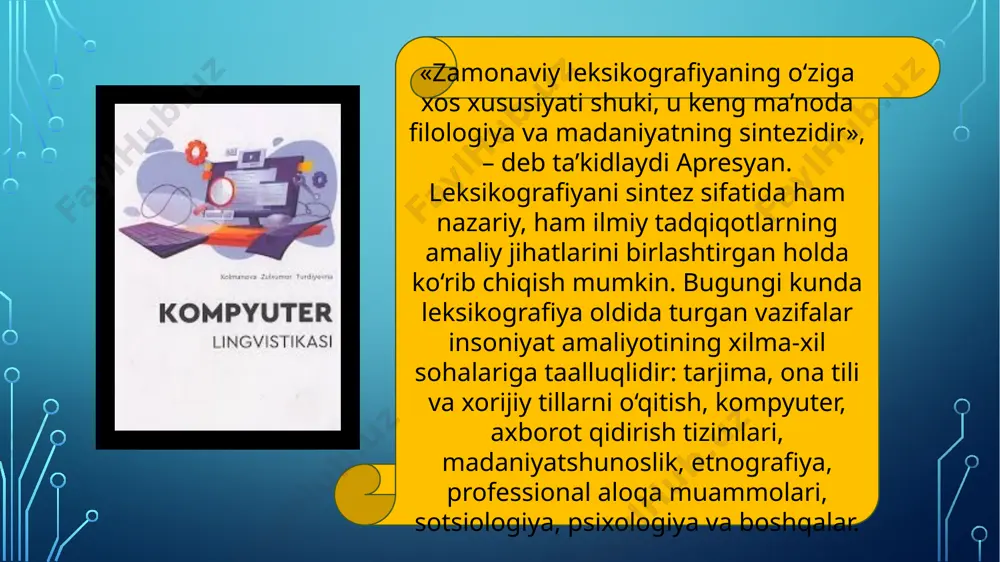 o‘yadi. muhim urg‘u lug‘at materialining moslashuvi va elektron lug‘atning vazifalari uchun tezkor qidiruv, shuningdek, foydalanuvchiga so‘z haqida maksimal ma’lumot berishga qaratiladi, so‘zning asosiy xususiyatlari esa ikkinchi darajali narsalardan ajralib turishi kerak. elektron lug‘atning bu xususiyatlari leksikograf tomonidan lug‘at materialining taqdim etilishiga ham ta’sir qiladi: bunday lug‘atdagi lug‘at yozuvlari sarlavhalariga barqaror so‘z birikmalari hamda so‘z shakllari kiradi (agar lug‘atda morfologik tahlil funksiyasi bo‘lmasa). lug‘at elektron lug‘atdan foydalanuvchiga matnda qo‘llanilgan iboraning tarjimasi yoki talqinini tezda topish imkonini beradi. elektron lug‘atdan foydalanganda foydalanuvchi iboradagi qaysi so‘z haqida ma’lumot kerakligi (u ko‘rish uchun tanlashi kerak bo‘lgan so‘z uchun lug‘at maqolasi), u lug‘at maqolasida kerakli iborani qidirmaydi, lekin darhol bu iboraning talqini yoki tarjimasi bilan alohida lug‘at kartasini oladi. elektron lug‘atning so‘z bazasi ham so‘zshakllariga nisbatan barqaror munosabatda – kartada dastlabki shaklga yoki tarjimaga tayangan holda so‘zning turli shakllarini o‘z ichiga olishi mumkin, bu ham tez qidirishni ta’minlaydi. morfologik modul elektron lug‘atda yana bir muhim …