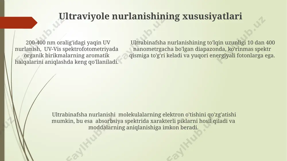h imkonini beradi, bu esa tuproq unumdorligini baholash va ekologik muammolarni aniqlashda muhim rol o'ynaydi. sifat tahlili usullari ushbu usul yordamida 200-400 nm to'lqin uzunliklarida maksimum yutilishga ega bo'lgan organik birikmalarni aniqlash mumkin, bu esa ularning tuzilishi haqida ma'lumot beradi. uv spektrofotometrik tahlilning nisbiy standart xatosi odatda 1-5% ni tashkil etadi, bu esa natijalarning yuqori aniqligini ta'minlaydi. uv spektrofotometrik tahlilning nisbiy standart xatosi odatda 1-5% ni tashkil etadi, bu esa natijalarning yuqori aniqligini ta'minlaydi. xavfsizlik choralari kimyoviy moddalar bilan ishlashda 1:10 dan kam bo'lmagan nisbatda suyultirilgan eritmalardan foydalanib, xavfsizlik kabinetlaridan foydalaning va har doim himoya vositalaridan foydalaning. uv nurlanishi ko'z va teriga zarar yetkazishi mumkin, shuning uchun 220-400 nm to'lqin uzunlikdagi nurlanishdan himoya qilish uchun maxsus himoya ko'zoynaklari va qo'lqoplardan foydalaning. uv spektrofotometr bilan ishlashda yuqori kuchlanishli manbalar mavjudligini unutmang, shuning uchun 10 kv dan yuqori kuchlanishli jihozlar bilan ishlashda ehtiyotkorlik choralariga rioya qiling. o'lchovlarni o'tkazish texnikasi namuna tayyorlashda 1 …