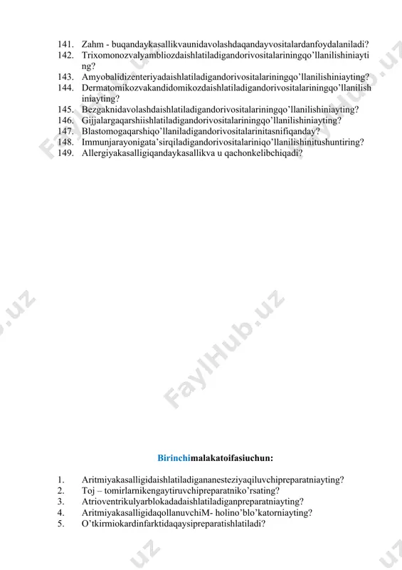 17. antiseptikvadezinfektsiyaqiluvchivositalargaqandaydorivositalarikiradi? 118. galogensaqlovchivaoksidlovchiguruhvositalariniqo’llanishinitushuntiring? 119. metallarningtuzlariguruhigaqandayvositalarkiradi, ularnitibbiyotdaqo’llanilishiniayting? 120. aromatic qatorantiseptiklarivaformaldegidguruhivositalarinitushuntiring? 121. etilspirti, uningtibbiyotdagiahamiyativamikroblargaqarshita’siriniaytibbering? 122. antibakterialdorivositalaridegandanimanitushunasiz? 123. antibiotikbunimavaularningta’sirmexanizmiqanday? 124. antibiotiklarnibuyurishda, qandayumumiyqoidalargarioyaqilinadi? 125. penitsilinguruhigaqandayantibiotiklarkiradi? 126. makrolidlarguruhiantibiotiklariniayting? 127. sefalosporinlarguruhiantibiotiklarigaqandayantibiotiklarkiradi? 128. aminoglikozidantibiotiklarivaqo’llanilishi? 129. sintetik antibacterial vositalargaqaysivositalarkiradi? 130. sulfanilamidlarqandayumumiyta’sirko’rsatadi? 131. sulfanilamidlarqaysikasalliklardaqo’llaniladi? 132. qandayzamonaviysulfanilamidvositalarnibilasiz? 133. bu dorivositalariniqo’llanilishi, nojo’yata’sirlaritushuntiring? 134. viruslarhaqidanimalarnibilasiz? 135. viruslargaqarshiishlatiladigandorivositalariningta’sirmexanizmiqanday? 136. viruslarodam, o’simlikvabakteriyalarhujayrasigaqandayta’sirko’rsatadi? 137. o’tkirviruslikasalliklarnioldiniolishmaqsadidaqandayvirusgaqarshidorivositalaridanfoydalaniladi? 138. bu vositalarniqo’llanilishivanojo’yata’sirlariqanday? 139. nitrofuran va 8-oksixinolin unumlarigakiruvchidorivositalariqandaykasalliklardaqo’llaniladi? 140. sil kasalligiorganizmningqaysiorganlarinijarohatlaydivabukasalliknidavolshdaishlatiladigandorivositalarinechaguruhgabo’linadi? 141. zahm - buqandaykasallikvaunidavolashdaqandayvositalardanfoydalaniladi? 142. trixomonozvalyambliozdaishlatiladigandorivositalariningqo’llanilishiniayting? 143. amyobalidizenteriyadaishlatiladigandorivositalariningqo’llanilishiniayting? 144. dermatomikozvakandidomikozdaishlatiladigandorivositalariningqo’llanilishiniayting? 145