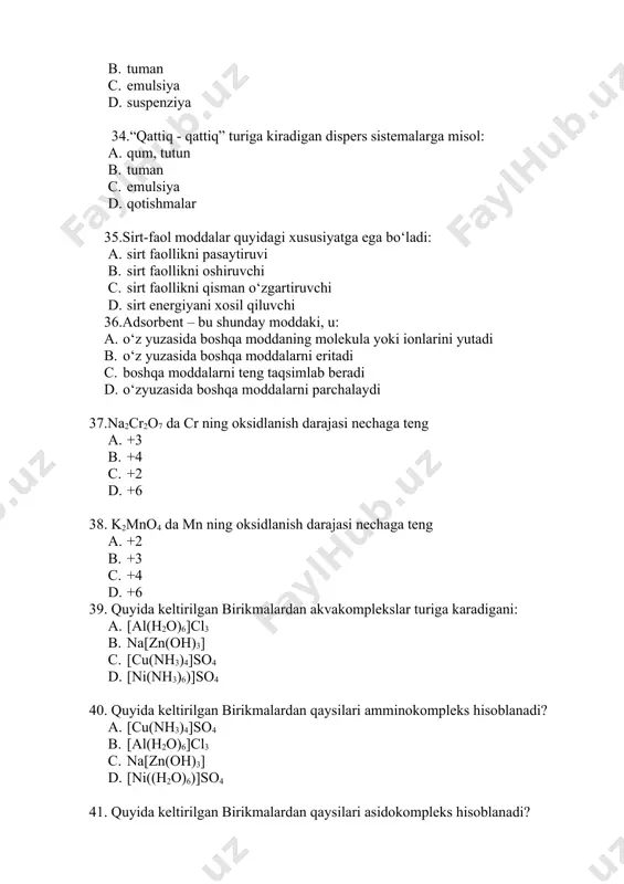 malar: a. suyultirilgan electrolit eritmalar b. suyultirilgan noelectrolit eritmala c. suyultirilmagan noelectrolit eritmalar d. konsentrlangan noelectrolit eritmalar 57.eritma qaynash haroratini ortishi konsentrasiyaga bog’liqligi (raulni 2 ebulioskopik qonuni) a. konsentrasiya ortishi bilan qaynash harorati pasayadi b. konsentrasiya ortishi bilan qaynash harorati ortadi c. konsentrasiya pasayishi bilan qaynash harorati ortadi d. konsentrasiya pasayishi bilan qaynash harorati o’zgarmaydi 58. qaysi eritmaga qizil qon tanachalari solinganda gemoliz hodisasi kuzatiladi a. gipertonik b. gipotonik c. izotonik d. ideal 59. qanday holatda elektrolit osonroq dissotsiatsiyalanadi a. dissotsiatsiyalanish konstantasi yuqori qiymatga ega bo'lganda b. dissotsiatsiyalanish konstantasi past qiymatga ega bo'lganda c. dissotsiatsiyalanish konstantasi qiymati o’zgarmaganda d. dissotsiatsiyalanish konstantasi qiymati o'zgarganda 60. qanday holatda har xil konsentratsiyali eritmalar chegarasida osmotik bosim yuzaga keladi a. ular o’zaro ta’sirlashganda b. ular orasida yarim o’tkazgich to’siq bo’lganda c. ular o'zaro ta'sirlashmaganda d. eritmalar qizdirilganda 61.osmos – bu … yarim o'tkazgich to'siq orqali o'tish hodisasidir e. eritmaning erituvchiga f. ham eritmaning ham …