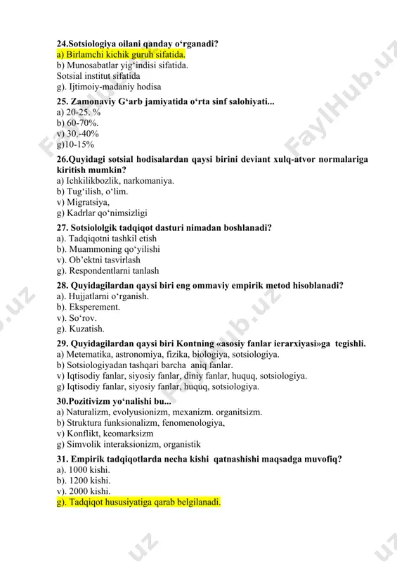 ni ustuvor deb ajratib ko‘rsatgan olim. a). t.parsons. b). k. marks. v). e. dyurkgeym g). sen-simon 37. sotsiologiyadagi pozitivizmning asoschisi kim? a). spenser. b). sen-simon. v). o.kont. g). k. marks. 38. jamiyatni biologik organizm sifatida talqin qilgan olim kim? a). vorms. b). kont. v). spenser. g). dyurkgeym. 39.sotsiologiyada ilk bor uch bosqich qonunini kim joriy qilgan? a). kont. b). spenser v). dyurkgeym. g). veber. 40. ilk bor sotsiologiya muammolari qaysi fan tizimida o‘rganilgan? a). biologiya. b). iqtisodiyot v). tarix g). falsafa. 41. antik davrning muhim sotsiologik muammolarining tadqiqotini ifoda etgan «siyosat» asarining muallifi kim? a). geraklit b). platon v). aristotel g). demokrit 42. «jamiyatni faylasuflar boshqarishi lozim» degan ibora muallifi a). m. veber b). g. spenser v). platon g). dyurkgeym 43. sotsiologiyada gumanistik oqim asoschisi kim? a). kont. b). dyurkgeym v). sorokin g). veber. 44. sotsiologizm tamoyilligining asoschisi… a) dyurkgeym b) veber v) ferdinand de sossyur g)spenser 45.fundamental sotsiologiyaning maqsadi... …