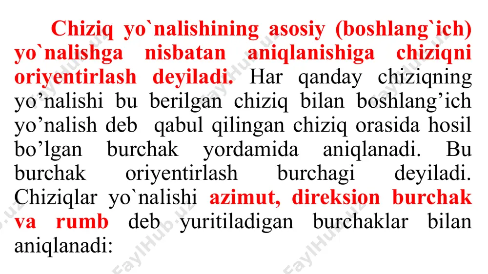 dan geografik meridian bilan magnit meridian orasida qandaydir bir burchak hosil bo’ladi, bu burchakka magnit strelkasining og’ish burchagi deyiladi magnit meridiani geografik meridianiga nisbatan sharq tomonga og’sa – sharqiy hisoblanib, ishorasi musbat, ya’ni: () bo’ladi, haqiqiy azimut, a  ma  δ formulasi bilan aniqlanadi. magnit meridiani geografik meridianiga nisbatan g’arb tomonga og’sa – g’arbiy hisoblanib, ishorasi manfiy, ya’ni: (–) bo’ladi, haqiqiy azimut, a  ma – δ formulasi bilan aniqlanadi. a – oc chizig’ining haqiqiy azimuti. ma – oc chizig’ining magnit azimuti. δ – magnit strelkasining og’ish burchagi bo’ladi. e’tiboringiz uchun raxmat image1.png image2.png image3.png image4.png image5.png image6.png image7.png image8.png image9.png image10.png