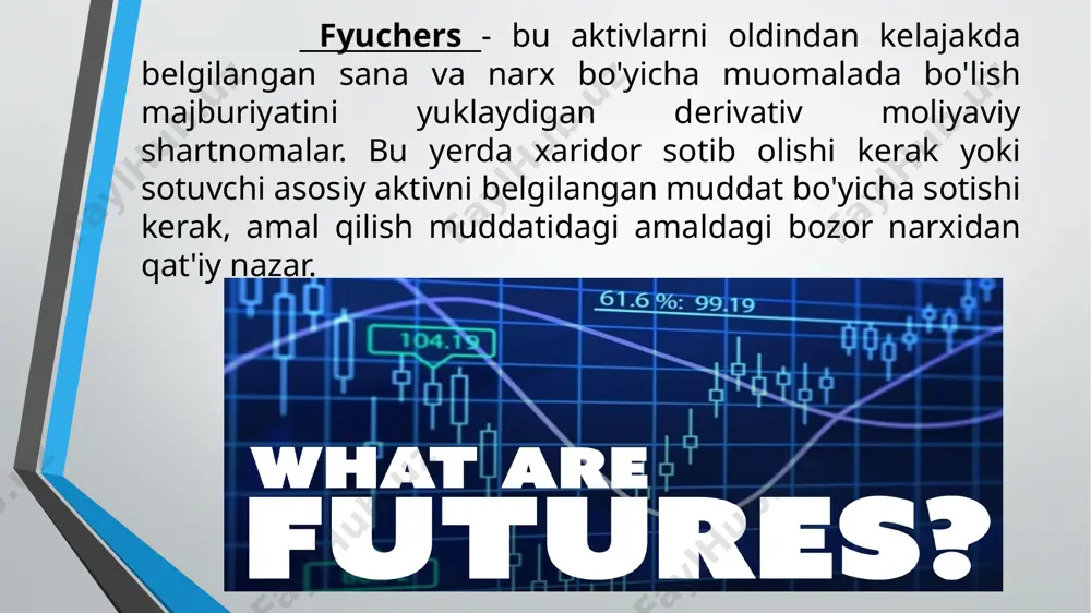 hayqovchilar chayqovchilar - bu mustaqil savdogarlar va investorlar. ba'zilar o'z pullaridan foydalangan holda savdo qilishadi, boshqalari mijozlar yoki brokerlik firmalari nomidan savdo qilishadi. chayqovchilar fyuchers shartnomalarini xuddi aktsiyalar yoki obligatsiyalar bilan savdo qilgandek savdo qiladilar. fyuchers shartnomalari aktsiyalar va obligatsiyalar kabi boshqa investitsiyalarga nisbatan bir qator afzalliklarga ega: fyuchers bozorida ko'proq o'zgaruvchanlik mavjud. o'rtacha fyuchers narxlari aktsiyalar yoki obligatsiyalar narxlariga qaraganda tezroq o'zgarib turadi. garchi bu katta tavakkalchilikni anglatsa-da, treyderlarga fyuchers bozorlarida qisqa muddatli narxlar o'zgarishi natijasida foyda olish uchun ko'proq imkoniyatlar beradi. fyuchers yuqori darajada o'zlashtirilgan sarmoyadir. treyder odatda faqat asosiy aktiv qiymatining 10% -15% ni marja sifatida to'ldirishi kerak, ammo narx yuqoriga va pastga siljiganligi sababli shartnomaning to'liq qiymatini minib olishi mumkin. shunday qilib, u kamroq pul bilan ko'proq savdo (katta miqdordagi savdo) qilishi mumkin. fyuchersni ichki ma'lumotlar bo'yicha savdo qilish qiyinroq. buning sababi, odatda ob-havo to'g'risida ma'lumot yoki tovar narxiga ta'sir qiluvchi boshqa omillar haqida ma'lumot yo'q. …