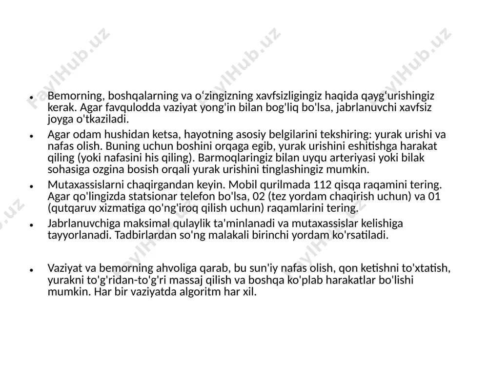 odamning ko'kragi 3-4 santimetr chuqurlikda egilishi kerak. agar jabrlanuvchi chaqaloq bo'lsa, massaj o'rta va ko'rsatkich barmog'i bilan, bir qo'l bilan amalga oshiriladi. maktab o'quvchilariga birinchi yordam ko'rsatish bir qo'lning tagida amalga oshiriladi. agar siz bir vaqtning o'zida yurak mushaklarini massaj qilsangiz va o'pkaning sun'iy shamollatilishini amalga oshirsangiz, har ikki nafasda sternumga taxminan 15 marta bosim o'tkaziladi. suvdagi baxtsiz hodisalar paytida jabrlanganlarga yordam bering birinchi yordam quyidagicha ko'rsatiladi: jabrlanuvchi suvdan chiqariladi. buni juda ehtiyotkorlik bilan qilish kerak, chunki cho'kayotgan odam vahima ichida mumkin bo'lgan hamma narsani tortib oladi. u tortib oladisiz pastga. siz unga orqa tomondan suzishingiz, qo'llaringiz yoki sochingizdan ushlashingiz kerak. shu bilan birga, bosh suv yuzasidan yuqorida ushlab turiladi. sohilda odam boshi butun tanadan pastroq boʻlishi uchun qorni tizzasiga qoʻyiladi. agar jabrlanuvchida hayot belgilari boʻlmasa, shoshilinch ravishda oʻpkasini sunʼiy ventilyatsiya qiling. buning uchun og'iz axloqsizlik va suv o'tlaridan tozalanadi. keyin, yurak massaji bilan almashtirib, og'izdan og'izga nafas olishingiz kerak. …
