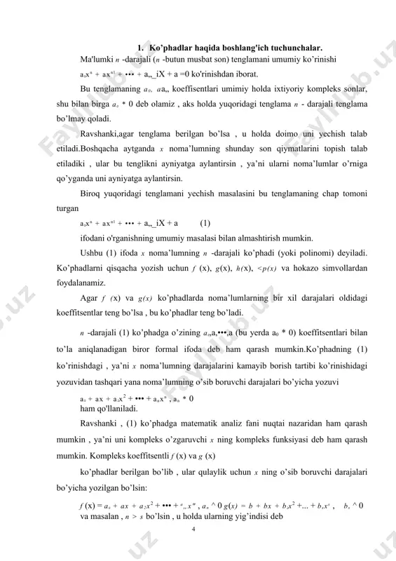 iborat bo’lsa , u holda c 1 son uning teskari ko’phadi bo’ladi. agar f (x) ko’phadning darajasi n > 1 bo’lib, f \x) ko’phad mavjud bo’lganda edi , u holda (5) tenglikning chap tomoni darajasi n dan kichik bo’lmagan holda , shu tenglikning o’ng tomonida nolinchi darajali ko’phad turgan bo’lar edi. buni esa bo'lishi mumkin emas. natija. ko’phadlarni ko’paytirishga teskari amal-bo’lish amali mavjud emas. ushbu xossalariga ko’ra kompleks koeffitsentli ko’phadlar to’plami butun sonlar to’plami ga o'xshaydi. bu o’xshashlik yana ko’phadlar uchun butun sonlar singari qoldiqli bo’lish algoritmi mavjudligida ham ko’rish mumkin. (6) teorema.ixtiyoriy f (x) va g(x) ko’phadlar uchun shunday q(x) va r(x) ko’phadlar topish mumkinki , ushbu f (x) = g(x) q( x) + r (x) tenglik o’rinli bo’lib , bunda r (x) ning darajasi g (x) ning darajasidan kichik yoki r (x) = 0 bo’ladi. bu shartni qanoatlantiruvchi q( x) va r (x) ko’phadlar bir qiymatli aniqlanadi. isboti. …
