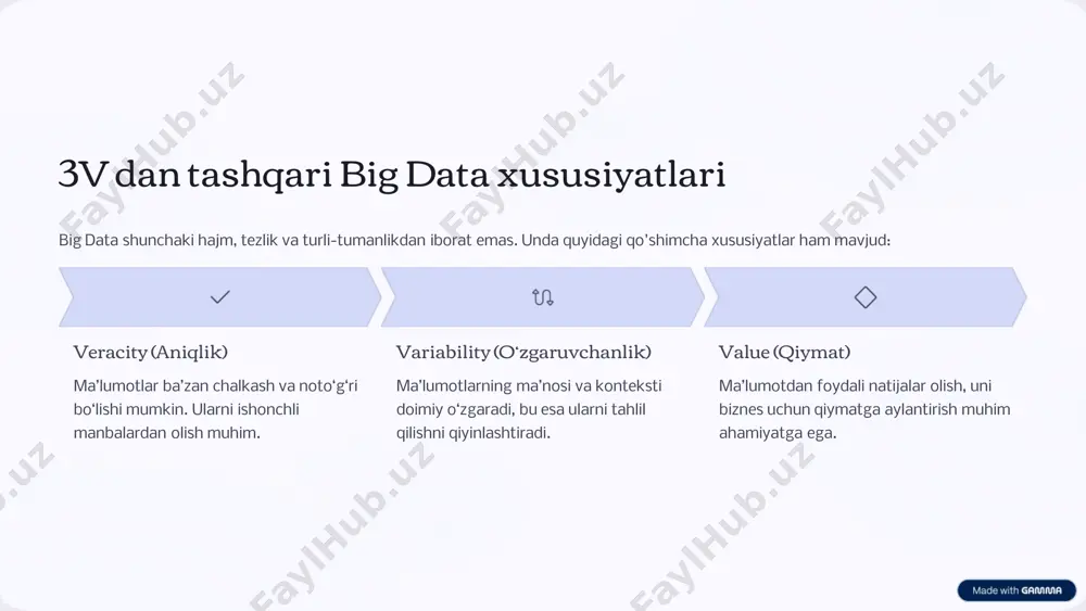 alyst, machine learning engineer kabi kasblar bozorida yuqori talab mavjud. yuqori maosh bu soha o‘zbekiston va global bozor uchun yuqori maosh va barqaror karyera imkoniyatlarini taqdim etadi. "bir million dasturchi" “bir million o‘zbek dasturchilari” loyihasi orqali bepul ta’lim olish imkoniyatlari mavjud. https://gamma.app/?utm_source=made-with-gamma https://gamma.app/?utm_source=made-with-gamma xulosa: katta ma’lumotlar va ma’lumotlar ilmi kelajagi katta xajmli ma’lumotlar zamonaviy dunyoning asosiy resursiga aylandi. data science yordamida murakkab muammolarni hal qilish mumkin. o‘zbekistonda bu soha tez rivojlanmoqda, imkoniyatlar cheksiz. siz ham ushbu sohada bilim olib, kelajakni yaratishda ishtirok eting! https://gamma.app/?utm_source=made-with-gamma https://gamma.app/?utm_source=made-with-gamma
