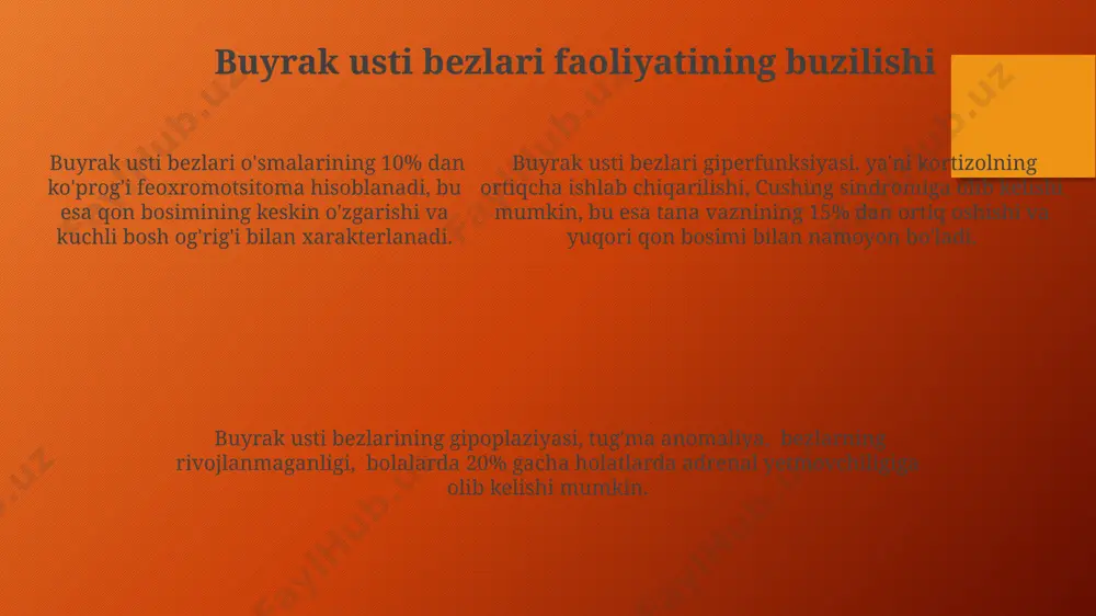 ari, masalan, timosin va timopotin kabi peptid gormonlarini ishlab chiqaradi, ular t-hujayralarining differentsiatsiyasi va faolligini tartibga soladi, bu immunitet javoblarida muhim ahamiyatga ega. timobez gormonlari, masalan, timosin va timopotin kabi peptid gormonlarini ishlab chiqaradi, ular t-hujayralarining differentsiatsiyasi va faolligini tartibga soladi, bu immunitet javoblarida muhim ahamiyatga ega. periferik endokrin organlarning umumiy tavsifi periferik endokrin organlarning disfunksiyasi bir qator klinik kasalliklarga, masalan, gipotiroidizmga, giperkortizizmga yoki jinsiy gormonlar yetishmovchiligiga olib kelishi mumkin, ularning davolash usullari individualdir. ushbu organlar, jumladan buyrak usti bezlari, qalqonsimon bez va jinsiy bezlar, steroid gormonlar, peptid gormonlar yoki amin kislotalaridan hosil bo'lgan gormonlarni sintez qiladi va qonga ajratadi. periferik endokrin organlar, gipotalamus-gipofiz o'qi tomonidan to'liq nazorat qilinmaydigan, taxminan 5 dan ortiq gormon ishlab chiqaradigan va tananing turli funksiyalarini tartibga soluvchi organlardir. buyrak usti bezlarining gormonlari kortizol – buyrak usti bezining qobiq qismida ishlab chiqariladigan asosiy glyukokortikoid bo'lib, u qondagi glyukoza miqdorini oshiradi va yallig'lanishga qarshi ta'sir ko'rsatadi, organizmning …