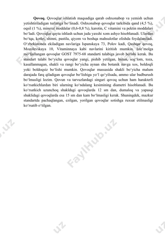 i. qovunning pishib yetilganligini ko‘rsatadigan asosiy alomatlari ularning po‘chog‘ining rangining o‘zgarishi va hushbo‘y hid paydo bo‘lishi hisoblanadi. qovunlar sifati ko‘rsatkichi bo‘yicha gost 7178-85 standarti talabiga javob berishi kerak. bu standartga asosan qovunlarning sifat ekspertizasini o‘tkazishda ularning tashqi ko‘rinishi, hidi va ta’mi, pishib yetilganligi, eng katta ko‘ndalang kesimining diametri, jarohatlanganlik darajasi kabi ko‘rsatkichlariga alohida e’tibor beriladi. standart talabi bo‘yicha qovunlarning tashqi ko‘rinishi umumlashgan ko‘rsatkich bo‘lib, qovunning butunligi, tozaligi, sog‘lomligi, ortiqcha namlikka ega emasligi, shakli va rangi, boldoqli yoki boldoqsiz ekanligi kabi ko‘rsatkichlarni o‘z ichiga oladi. qovunlarning hidi va ta’mi o‘ziga xos, yoqimli, begona hidlarsiz va ta’mlarsiz bo‘lishi kerak. qovunlar uchun ham pishib yetilganlik ko‘rsatkichi eng muhim hisoblanadi. shu sababli bu ko‘rsatkich ham standart talabi bo‘yicha aniqlanishi zarur bo‘lgan ko‘rsatichdir. ertapishar va o‘rtapishar qovun navlarining po‘chog‘i va eti har xil rangi, qalinligi, zichligi aynan shu navga xos, urug‘ kamerasi yetilgan va oson ajraladigan urug‘lardan iborat bo‘lishi kerak. kuzgi, qishgi qovun navlarining pustlog‘i …