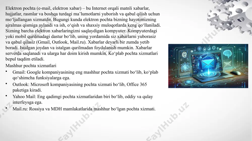 urlarni o‘rnating va muntazam yangilab turing. elektron pochta mijozini muntazam yangilab turing. jamoat manbalarida wi-fi tarmoqlaridan foydalanganda ehtiyot bo‘ling. shaxsiy ma’lumotlaringizni himoya qiling. elektron pochta manzilini boshqalar bilan bo‘lishmang. xulosa elektron pochta bugungi kunda bizning hayotimizning ajralmas qismiga aylandi. u bizga dunyoning istalgan nuqtasidagi odamlar bilan tezkor va samarali aloqa qilish imkonini beradi. elektron pochta orqali biz ishlaymiz, o‘qiymiz, do‘stlarimiz bilan muloqot qilamiz va turli xil ma’lumotlar almashamiz. dunyoning istalgan nuqtasidagi odamlar bilan real vaqt rejimida aloqa qilish imkoni. matnli xabarlar, fayl almashish, ommaviy tarqatmalar yuborish va boshqa xizmatlar bilan integratsiya qilish. ko‘pgina pochta mijozlarining oddiy va tushunarli interfeysi. ko‘plab pochta xizmatlari bepul taqdim etiladi. elektron pochta juda qulay va samarali vosita bo‘lishi bilan birga, u xavfsizlikni talab qiladi. protokollarni to‘g‘ri tanlash va xavfsizlik choralariga amal qilish orqali siz elektron pochtadan xavfsiz va samarali foydalanishingiz mumkin. foydalanilgan adabiyotlar https://blog.plag.ai/ https://wikipedia/ https://uz.martech.zone/ image1.jpeg image3.jpeg image4.png image5.jpeg image6.png image2.jpeg /docprops/thumbnail.jpeg