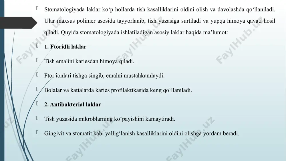 ajalarida – plomba yoki inley ostida izolyatsiya sifatida. laklarni qo‘llash usuli tish yuzasi maxsus tozalanadi va quritiladi. lak ingichka qatlam qilib tish yuzasiga surtiladi. u bir necha daqiqada quriydi va shaffof plyonka hosil qiladi. samarali ta’sir ko‘rsatishi uchun bemorga 1–2 soat ovqat yemay, suyuqlik ichmay turish tavsiya qilinadi. laklarning afzalliklari tez qo‘llaniladi, og‘riqsiz. uzoq muddatli himoya qatlami hosil qiladi. bolalar uchun xavfsiz. kariesning oldini olishda samarali. kamchiliklari har bir bemorda bir xil ta’sir ko‘rsatmasligi mumkin. himoya plyonkasi vaqt o‘tishi bilan yemiriladi, shuning uchun takroran surtilishi kerak. ftoridga allergiyasi bo‘lganlarda ehtiyotkorlik bilan qo‘llaniladi. stomatologiyada ishlatiladigan laklar tishlarni kariesdan himoya qilish, emalni mustahkamlash, sezgirlikni kamaytirish va turli stomatologik muolajalarni samarali o‘tkazishda muhim ahamiyatga ega. hozirgi kunda eng ko‘p ishlatiladigan laklar — ftoridli va antibakterial laklar bo‘lib, ular bolalar stomatologiyasida ham, kattalarda ham keng qo‘llaniladi. laklar stomatologiyada gigiyenik, profilaktik va davolovchi vosita sifatida ahamiyatga ega. stomatologiyada laklar maxsus himoya va davolovchi moddalar bo‘lib, …