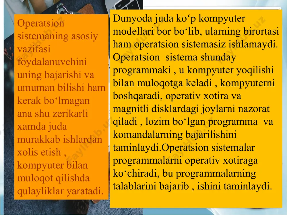 llifi digital research kompaniyasining prezidenti geri kildell bo’lgan. ot tarixi 16 razryadli kompyuterlar uchun operatsion sistemalar yaratish jadallashdi va 1981 – yilda shaxsiy kompyuterlar uchun birinchi yaratilgan cr/m operatsion sistemasining ko’p g’oyalarini o’zida mujassamlashtirgan ms dos (microsoft disk operation system) operatsion sistemasi paydo bo’ldi. ot tarixi 1987 yili ibm va microsoft firmasi tomonidan bir vaqtda bir necha masalalar yechishga qodir bo’lgan os/2 operatsion sistemasi ishlab chiqildi. ammo u keng tarqalmadi. chunki o’sha paytda ms dos 3.3 ning imkoniyatlari ko’pchilikni qoniqtirar edi. ms-dos operatsion (amaliy) tizimi. microsoft korporatsiyasi tomonidan taklif qilingan operatsion tizim. ms-dos ning birinchi rusumi 1981 yilda paydo bo‘lgan. avvalambor, microsoft kompaniyasi tomonidan ibm uchun ishlab chiqilgan ms-dos, ibm - uyg‘un kompyuterlar uchun standart operatsion tizimdir. ms-dos 16-xonali operatsion tizimi bo‘lib, u ko‘pfoydalanuvchili va ko‘pmasalali qurilmalarni qo‘llab-quvvatlay olmaydi. operatsion tizimning muhim xususiyatlaridan biri mutaxassis bo‘lmagan foydalanuvchilarga amaliy jarayonlarni bajarishning qulay shakllarini taqdim qilsa, mutaxassislarga dasturiy ta’minotni ishlash uchun yaxshi …