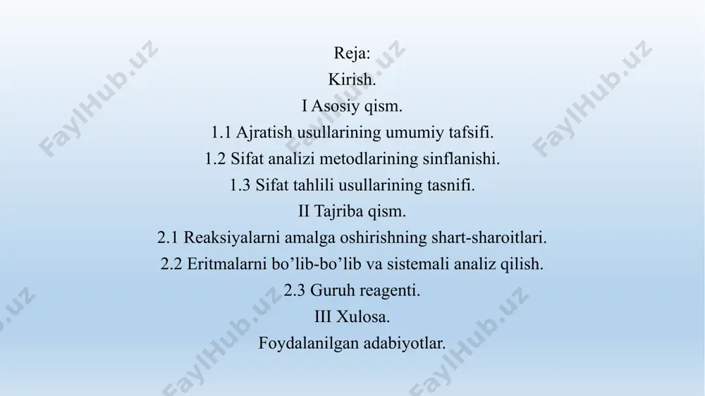 siyalar bo’lib, tegishli reagent guruh reagenti deyiladi. analitik reaksiyalarning sezgirligi – aniqlanuvchi ionning ochilishi mumkin bo’lgan minimal miqdori, to’rtta o’zaro bog’langan o’lchamlar bilan tafsiflanadi. ochish minimumi – m (mkg) chegaraviy suyultirilgan eritmaning minimal hajmida ochilishi mumkin bo’lgan modda(ion)ning minimal massasi (mikrogrammlarda ifodalanadi 1mkg = 10-6 g). minimal hajm – ion(modda)ning ayni reaksiya bilan ochilishi mumkin bo’lgan chegaraviy suyultirilgan eritmaning hajmi (vmin). chegaraviy konsentratsiya (vlim) – ayni reaksiya vositasida ochilishi mumkin bo’lgan ionning g/sm3 birlikda ifodalanadigan minimal konsentratsiyasi. suyultirish chegarasi – tarkibida 1 g aniqlanuvchi ion tutgan chegaraviy suyultirilgan eritmaning hajmi. sifat analizi metodlarining sinflanishi, asosiy tushunchalar. analiz qilishda avval moddalarning sifat tarkibi topiladi, ya’ni u qanday elementlardan, element guruhlaridan yoki ionlardan tarkib topganligi haqidagi masala hal qilinadi, so’ngra moddaning miqdoriy tarkibi aniqlanadi. moddaning tarkibi qanday element yoki ionlardan tashkil topganligini aniqlash sifat analizining asosiy vazifasidir. sifat analizining tekshirish usullari fizik, fizik-kimyoviy va kimyoviy metodlardir. sifat analizining kimyoviy metodlari bilan ish …