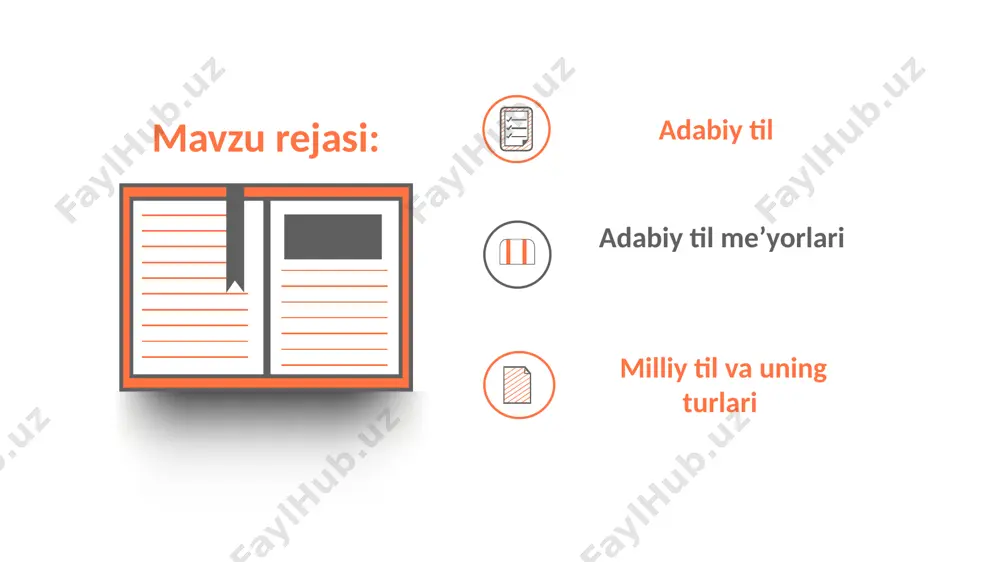 oʻz ichiga oladi. r.rasulov, q.mo‘ydinov nutq madaniyati va notiqlik san’ati (o‘quv qo ‘llanma) toshkent 2015 arxiv.uz internet sayt norq'ul bekmirzaiev nutq madaniyati va notiqlik asoslari (o'q'uv q'o'llanma) toshkent 2007 foydalanilgan adabiyotlar eʼtiboringiz uchun rahmat! image1.png image2.jpeg image3.emf image4.emf image5.emf image6.emf image7.emf image8.emf image9.jpeg image10.emf image11.emf infographic_10080172 infographic_10080172