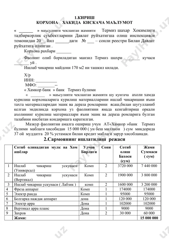 а 1775,9 минг ахоли яшайди.. тадбиркорлик фаолияти олиб бориладиган манзил термиз шахри _______ кучаси ___ уй ишлаб чикариш бинолари 170 м2 ни ташкил килади . ахоли хамда курилиш ташкилотларининг курилиш махсулотларига булган талабини нисбатан кондириш максадида фаолият олиб борилади. корхона уз фаолиятини йулга куйгани холда нисбатан арзон бахода сифатли тахта материалларидан хар хил турдаги эшик ва дераза ромларини , тайёрлайди ишлаб чикарилган материалларини накд пул хамда пул утказиш йули билан сотишни амалга оширади..корхона томониджан хар хил турдаги хамда буюртма асосида эшик ва дераза ромларини ишлаб чикариш режалаштирилган булиб корхона томонидан эшиклар ойнали ва ойнасиз таёрланади. мижозларга уз вактида буюртма буйича ва умумий тартибда сотиш хизматларини курсатади. ушбу фаолиятга мехнатга лаёкатли 6 нафар ишчилар ишлайди ва бу билан 6 нафар ишсизлар учун янги иш уринлари яратилади.ишлаб чикариш махсулотлари хамда ускуналарни сотиб олиш учун мол етказиб берувчи корхоналар билан тузилган шартномалар илова килинади.курилилиш материалларини ишлаб чикариш учун корхонада ишлаб чикариш ускуналари мавжуд …