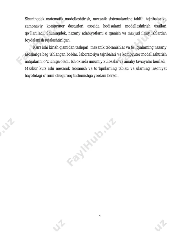 tebranishlar: sistema tenglamalari chiziqli bo’lmaydi va kompleks xususiyatlarga ega. bunga katta amplitudali harakatlar misol bo’la oladi. tebranish yo’nalishiga ko’ra. bo’yiga tebranishlar: jism muvozanat holati bo’ylab yoki unga parallel ravishda harakat qiladi. masalan, buloqdagi og’irlikning yuqoriga-pastga harakati. burilish tebranishlari: jism muvozanat holati atrofida burchak bo’yicha aylanish harakatini amalga oshiradi. misol: avtomobilning valining tebranishi. transvers tebranishlar: jismning harakati muvozanat holatiga perpendikulyar yo’nalishda sodir bo’ladi. masalan, gitara torining tebranishi. 7 tebranishlarning qo’llanish sohalari tebranish hodisalari nafaqat nazariy, balki amaliy jihatdan ham juda muhim hisoblanadi. quyida ularning ba’zi qo’llanilish sohalari keltirilgan: rezonans hodisasi: bu hodisa inshootlarning tabiiy chastotasi va tashqi kuchning chastotasi mos kelganda yuzaga keladi. masalan, "tacoma narrows" ko’prigining buzilishi rezonans hodisasiga misoldir. shuning uchun muhandislar tebranishlarni nazorat qilishga katta e’tibor qaratadilar. binolarning seysmik chidamliligi: zilzilalar natijasida yuzaga keladigan tebranishlarni hisobga olish va inshootlarni himoya qilish choralari. texnika va transport: avtomobillardagi tebranishlar: avtomobil dvigateli, osma tizimlari va boshqa qismlarning barqaror ishlashi uchun tebranishlarni …
