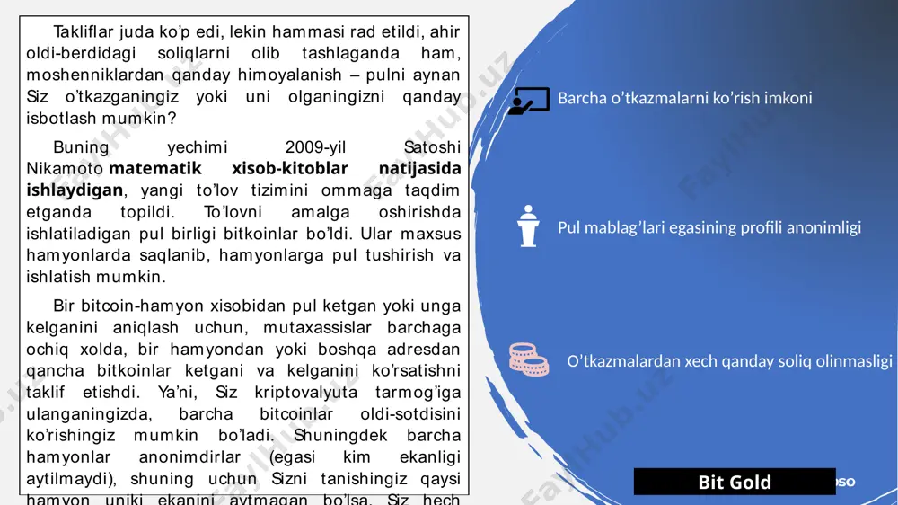 boshlang'ich korxonalardagi aktsiyalari yoki ulushlari, ular sarmoya kiritishlari va cryptocurrencies savdosi bilan shug'ullanishlari mumkin bo'lgan savdo-sotiq qilish imkoniyatini taklif etadigan platformalardir. aqshda sec xususiy investorlarni ogohlantirganki, icolar nazorat qilinmaganligi sababli osonlikcha qonuniy sarmoya sifatida yashirilgan firibgarliklar yoki ponzi sxemalari bo'lishi mumkin. xitoy hukumati ularni qat'iyan taqiqlab, yana bir yo'lga chiqdi. 7 сеть спутник связь komissiyalar yetishmayotganligi mikropaymentlar xayriya, xayr-ehson uchinchi shaxslar tomonidan sanktsiyalar va tartibga solishning yo'qligi anonim naqd pulni almashtirish transaktsion oshkoralik aqlli shartnomalar maxfiylik infratuzilmaning kamayishi, transport va saqlash xarajatlari bu texnologiya. nafaqat pul 8 qora bozorlar soliq to'lashdan bo'yin tovlash anonimlik pulni legallashtirishning yangi sxemalari hisoblarni muzlatib bo'lmasligi tranzaktsiyalarni to'xtata olmaslik barcha pullar "iflos" bo'ladi o'zgaruvchanlik xavflari moslashuv uchun ish haqi 9 kriptovalyutaning afzallik/kamchiliklari: chegaralangan. kriptovalyuta yaratilgan algoritmga asosan, ja’mi 21 000 000 gacha bitcoin topish mumkin, bundan so’ng esa yetishtirish toxtatiladi. buni oqibatida nima bo’lishini hech kim bilmaydi, agarda moliyaviy portlash bo’lmasa, kriptovalyuta muomalada qoladi va …