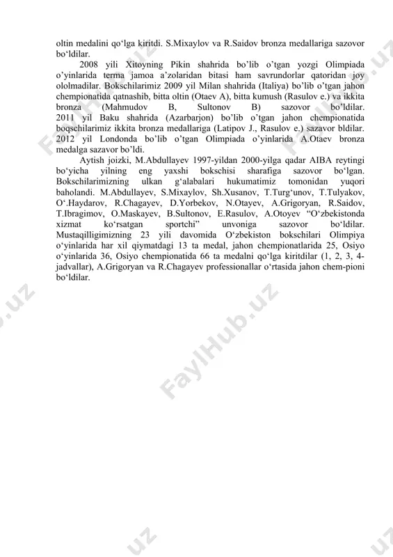 ulyakov (54 kg, andijon), d.karimov (57 kg, jizzax), t.ibragimov (81 kg, xorazm), n.sultanov (63,5 kg, toshkent) kumush medalini qo‘lga kiritdilar. 1995-yil yakunida bokschilarimiz chimkentda o‘tkazilgan xalqaro turnirda muvaffaqiyatli qatnashib, i.berdiyev, r.chagayev – oltin; s.mixaylov (81 kg, andijon) – kumush; ya.kulkov (71 kg, toshkent) bronza medallariga sazovor bo‘ldilar. 1996-yilda o‘zbek bokschilari mustaqil jamoa sifatida xxvi olimpiya o‘yinlarida birinchi bor ishtirok etdilar. o‘zbekistondan 7 nafar bokschi – u.ibragimov, m.abdullayev, n.otayev, k.to‘laganov, d.yorbekov, t.ibragimov, r.chagayev qatnashdilar. olimpiadada k.to‘laganov (murabbiylari – f.pak, x.muxamedov) hammadan yaxshiroq ishtirok etdi. u shiddatli janglarda qatnashib, bronza medali sohibiga aylandi. n.otayev va d.yorbekov 5-8-o‘rinlarni; u.ibragimov va t.ibragimov 9-15-o‘rinlarni; m.abdullayev va r.chagayev 16-32-o‘rinlarni bo‘lishib oldilar. 1997-yilning eng asosiy musobaqalari ikkinchi markaziy osiyo o‘yinlari, xix osiyo chempionati, jahon chempionati bo‘ldi. terma jamoamiz mazkur musobaqalarga tayyorgarlik ko‘rish mobaynida bir qator xalqaro musobaqalarda ishtirok etdi. bu yerda bokschilarimiz hammasi bo‘lib turli qiymatdagi 46 ta medal, jumladan 16 ta oltin medalga sazovor bo‘ldilar. 1998-yilning …