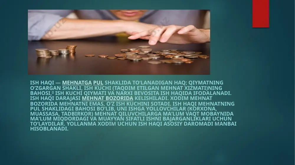 eal ish haqi ish haqi miqdori yollanma xodimlarning turmush darajasini ifodalovchi koʻrsatkichdir. nominal va real ish haqi koʻrsatkichlari mavjud. nominal ish haqi yollanma xodimning oʻz mehnati evaziga olgan pul daromadalari. real ish haqi xodimning olgan ish haqiga qancha va qanday isteʼmol buyumlari sotib olishi va madaniy-maishiy xizmatlardan foydalanish mumkinligini koʻrsatadi. boshqacha aytganda real ish haqi — bu nominal ish haqining „xarid etish“ qobiliyati. real ish haqi boshqa sharoitlar bir xil boʻlganda, nominal ish haqiga toʻgʻri mutanosibdir va isteʼmol buyumlari va xizmatlar narxining darajasiga teskari mutanosibdir. etiboringiz uchun rahmat! image6.crdownload image7.jpg image8.jpg image9.jpg image10.jpg image11.jpeg image12.jpg image2.png image3.png image4.png image5.png /docprops/thumbnail.jpeg