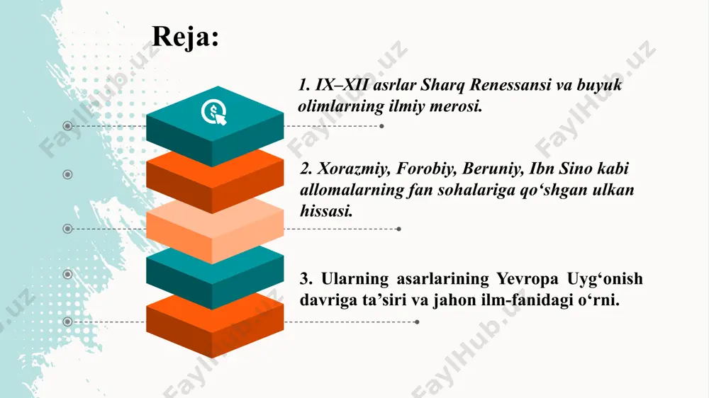 lm-fan yuksalishiga zamin yaratdi. 3. jahon ilm-faniga ta’siri sharq allomalari asarlari arab, fors, keyin esa lotin va yunon tillariga tarjima qilinib, yevropa uyg‘onish davriga bevosita ta’sir ko‘rsatgan. ibn sino, xorazmiy va beruniy asarlari o‘rta asrlarda g‘arb universitetlarida asosiy darslik bo‘lib xizmat qilgan. bu davr sharq olimlari matematika, astronomiya, tibbiyot, falsafa va adabiyotda yangicha yo‘nalishlar yaratib, jahon sivilizatsiyasi rivojiga asos bo‘ldi. ix–xii asrlar sharq renessansi davri markaziy osiyo olimlari va mutafakkirlari yaratgan ilmiy meros orqali butun insoniyat taraqqiyotiga ulkan ta’sir ko‘rsatdi. ularning asarlari nafaqat sharqda, balki g‘arbda ham ilm-fan rivojiga poydevor bo‘ldi. xorazmiy, forobiy, beruniy, ibn sino kabi allomalarning fan sohalariga qo‘shgan ulkan hissasi ix–xi asrlarda yashab ijod qilgan bu buyuk allomalar nafaqat sharq, balki butun jahon ilm-faniga ulkan hissa qo‘shgan. ularning asarlari o‘rta asrda ham, keyinchalik yevropa uyg‘onish davrida ham ilmiy taraqqiyotning asosiy manbasi bo‘lib xizmat qildi. 1. muhammad ibn muso al-xorazmiy (783–850) fan sohasi: matematika, astronomiya, geografiya. hissasi: “hisob …