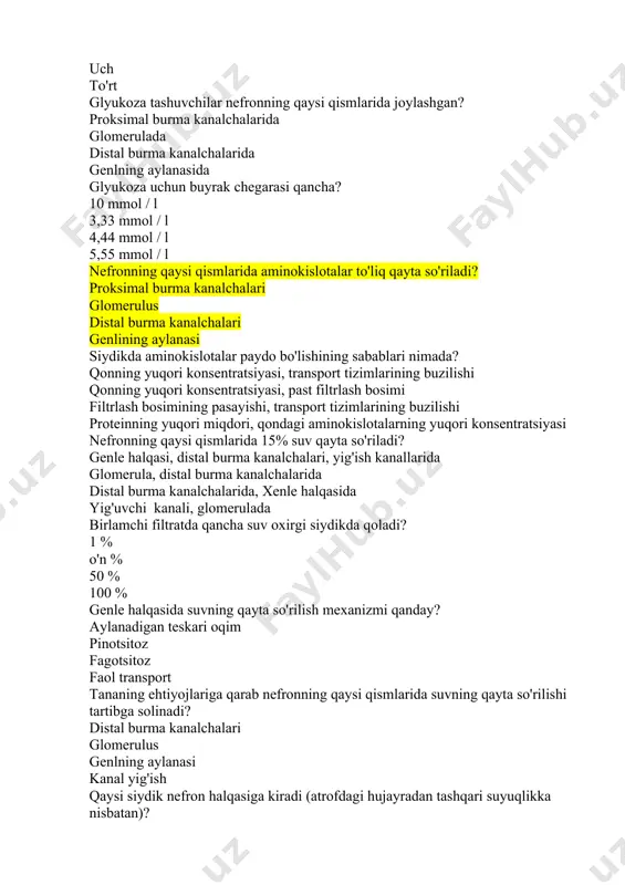 gidrostatik bosim o'rtasidagi farq. intrarenal qon bosimi va kapillyarlardagi onkotik va gidrostatik bosim yig'indisi o'rtasidagi farq. onkotik va intrakranial bosim yig'indisi va kapillyarlardagi qonning gidrostatik bosimi o'rtasidagi farq. sanab o'tilganlarning hammasi to'g'ri. glyukoza qaysi yo’l bilan qayta so'riladi? ikkilamchi faol transport asosiy faol transport kontsentratsion gradient bo'yicha hammasi to'g'ri