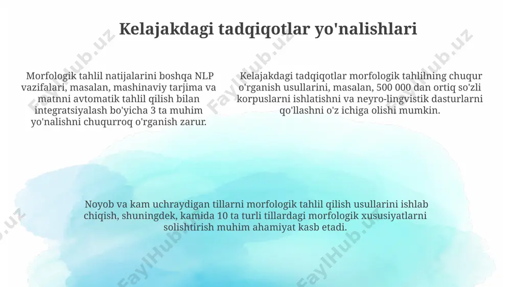 kabi, 100000 dan ortiq so'z va morfologik xususiyatlar bilan ishlay oladi va turli platformalarda qo'llanilishi mumkin. ba'zi dasturlar morfologik tahlilni 95% dan yuqori aniqlik bilan bajaradi, bu esa so'z shakllarini to'g'ri aniqlash va tahlil qilish imkonini beradi. ba'zi dasturlar morfologik tahlilni 95% dan yuqori aniqlik bilan bajaradi, bu esa so'z shakllarini to'g'ri aniqlash va tahlil qilish imkonini beradi. e'tiboringiz uchun rahmat @taqdimot_robot image1.png