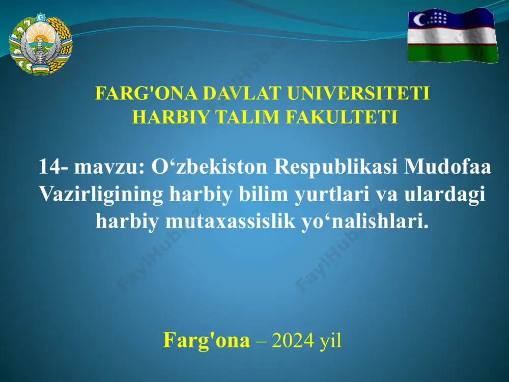 arning taktik qo‘mondonlik muhandisligi (tank qo‘shinlari) qo‘shinlarning taktik qo‘mondonlik muhandisligi (zenit raketa qo‘shinlari) qo‘shinlarning taktik qo‘mondonlik muhandisligi (avtomobil bo‘linmalari) qo‘shinlarning taktik qo‘mondonlik muhandisligi (raketa-artilleriya qurollari va o‘q-dorilari) o‘zbekiston respublikasi harbiy aviatsiya instituti bakalavriat ta’lim yo‘nalishlari harbiy havo kuchlari taktik qo‘mondonligi (taktik aviatsiya) harbiy havo kuchlari taktik qo‘mondonligi (vertolyot aviatsiyasi) harbiy havo kuchlari taktik qo‘mondonligi (razvedka aviatsiyasi, uchuvchisiz razvedka-zarbdor aviatsiya majmualari) uchish apparatlari ekspluatatsiyasi taktik qo‘mondonlik-muhandisligi (uchish apparatlari va dvigatellariga xizmat ko‘rsatish) uchish apparatlari ekspluatatsiyasi taktik qo‘mondonlik-muhandisligi (uchish apparatlarining aviatsiya qurollariga xizmat ko‘rsatish) uchish apparatlari ekspluatatsiyasi taktik qo‘mondonlik-muhandisligi (uchish apparatlarining aviatsiya jihozlariga xizmat ko‘rsatish) uchish apparatlari ekspluatatsiyasi taktik qo‘mondonlik-muhandisligi (uchish apparatlarining radioelektron jihozlariga xizmat ko‘rsatish) havodagi harakatni boshqarish taktik qo‘mondonlik-muhandisligi o‘r mv axborot-kommunikatsiya texnologiyalari va aloqa harbiy instituti bakalavriat ta’lim yo‘nalishlari qo‘shinlarning taktik qo‘mondonlik muhandisligi (aloqa qo‘shinlari) qo‘shinlarning taktik qo‘mondonlik muhandisligi (maxsus aloqa va davlat sirlarini muhofaza qilish) qo‘shinlarning taktik qo‘mondonlik muhandisligi (axborot tizimlari va texnologiyalari) qo‘shinlarning taktik qo‘mondonlik muhandisligi (radioelektron …